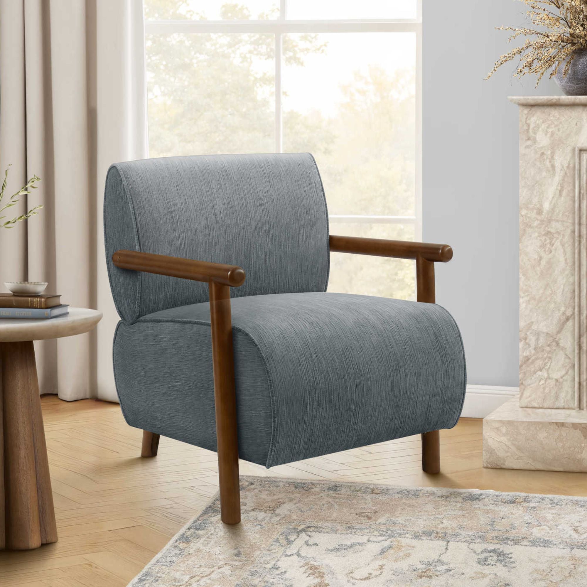 Light blue fabric accent chair with walnut wood legs, modern design by Monarch Specialties.