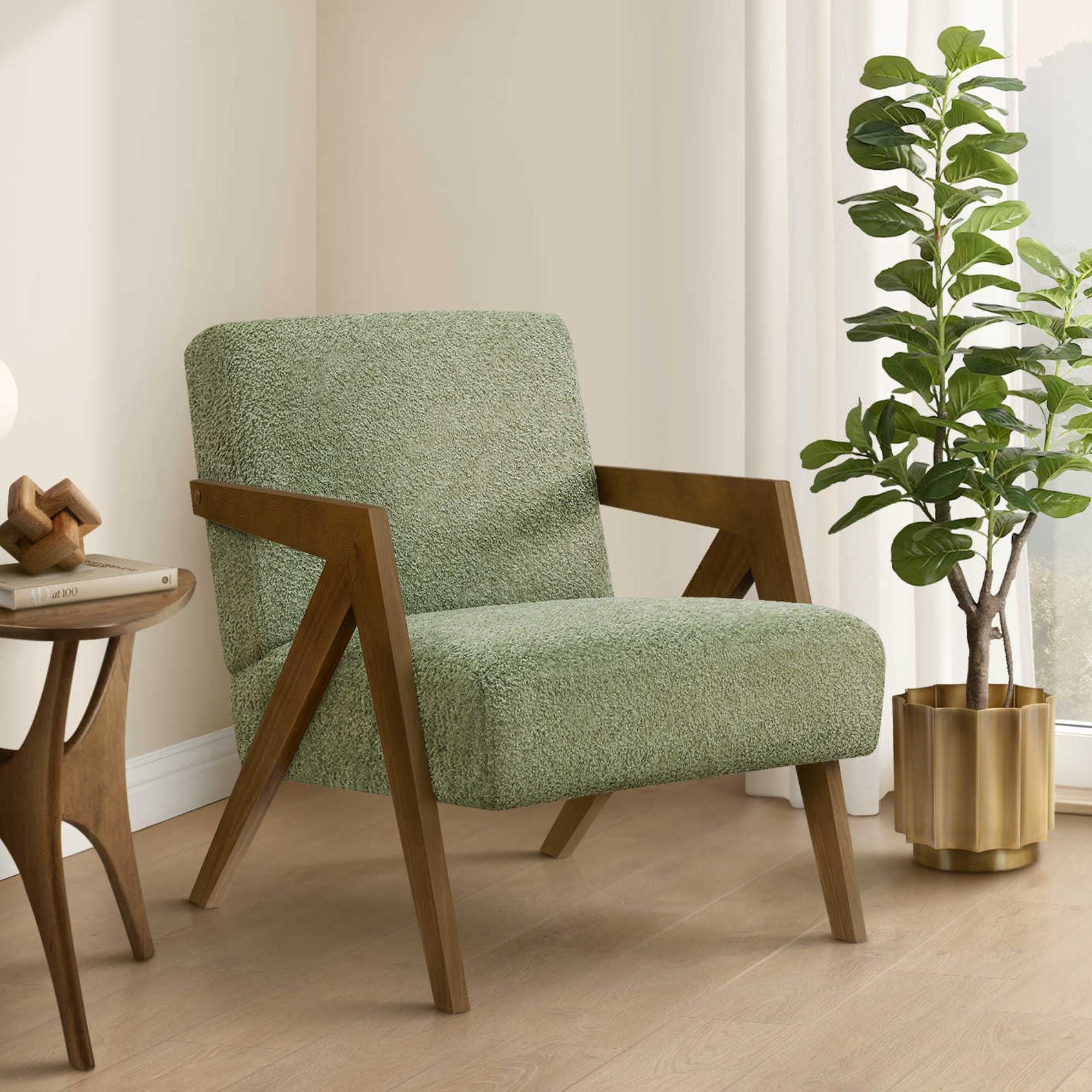 Green fabric accent chair with walnut wood legs from Monarch Specialties, showcasing a modern and stylish design
