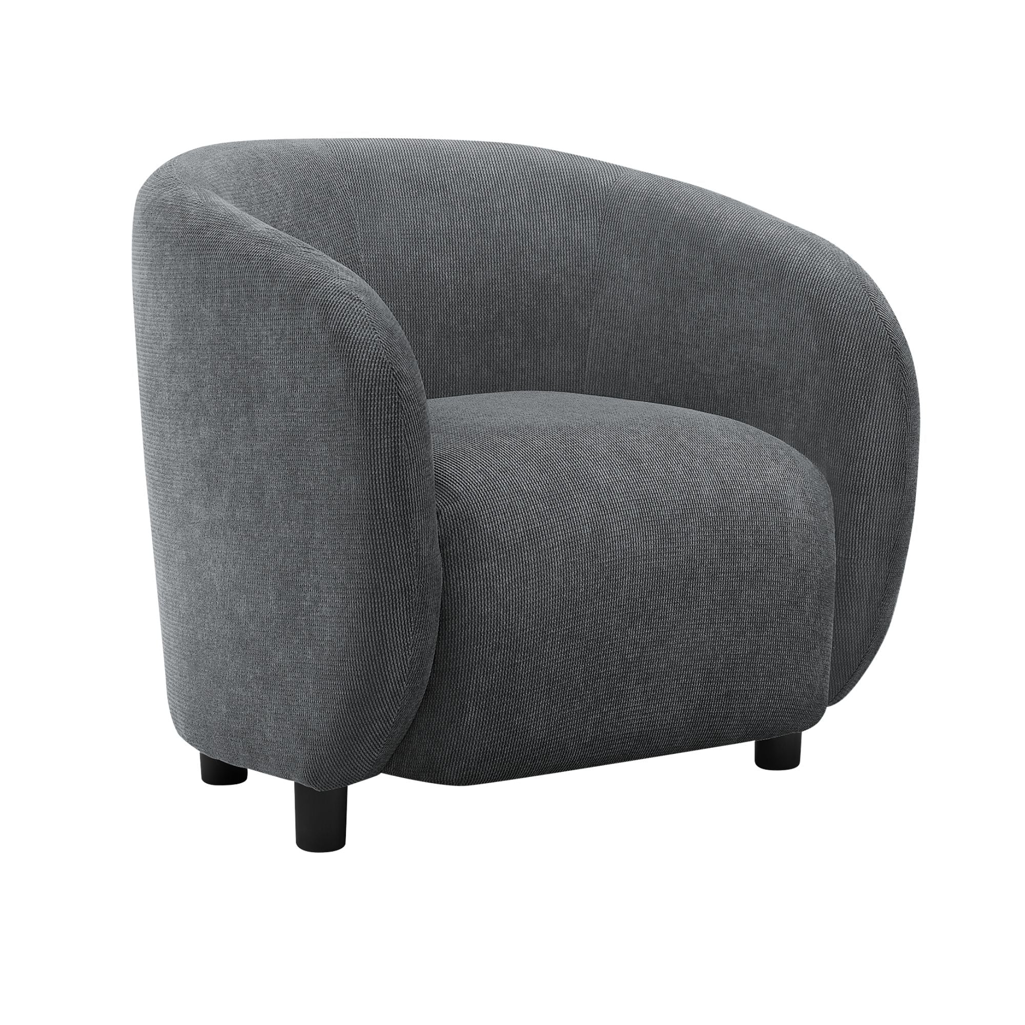 Dark grey fabric barrel accent chair with wooden legs, 30 inches tall, by Monarch Specialties, showcasing a modern, cozy design.