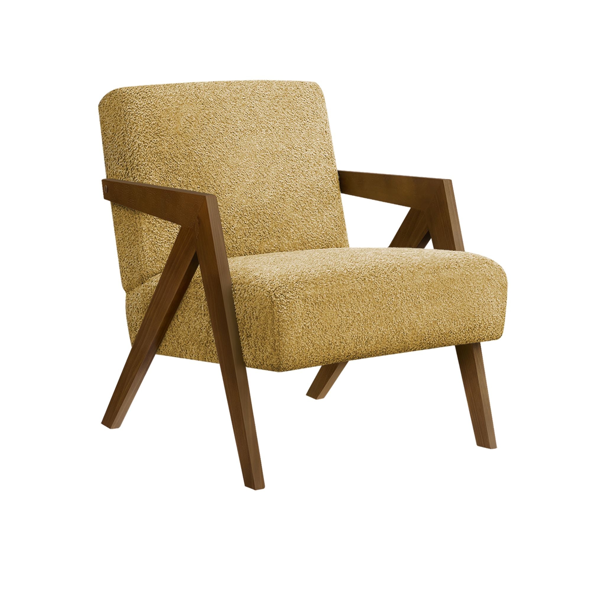 Yellow fabric accent chair with walnut wood legs, modern design and cushioned seat from Monarch Specialties.