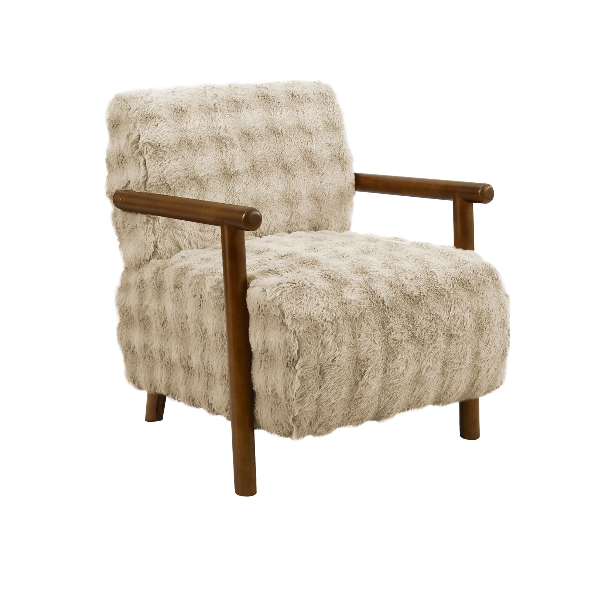 Light brown faux fur accent chair with walnut wood legs, stylish Monarch Specialties living room seating.