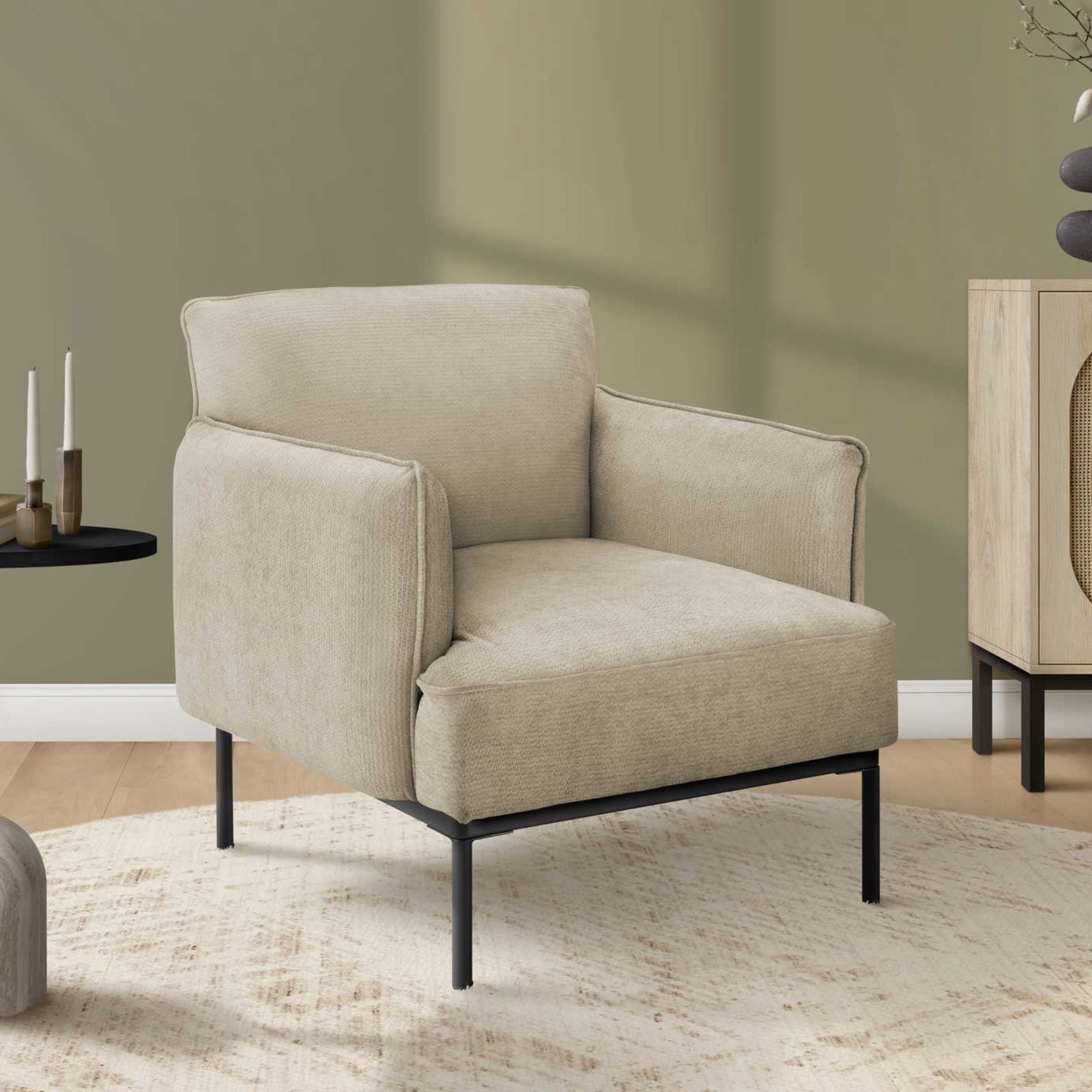 Beige fabric accent chair by Monarch Specialties with 33-inch height, modern design, plush upholstery, and wooden legs.