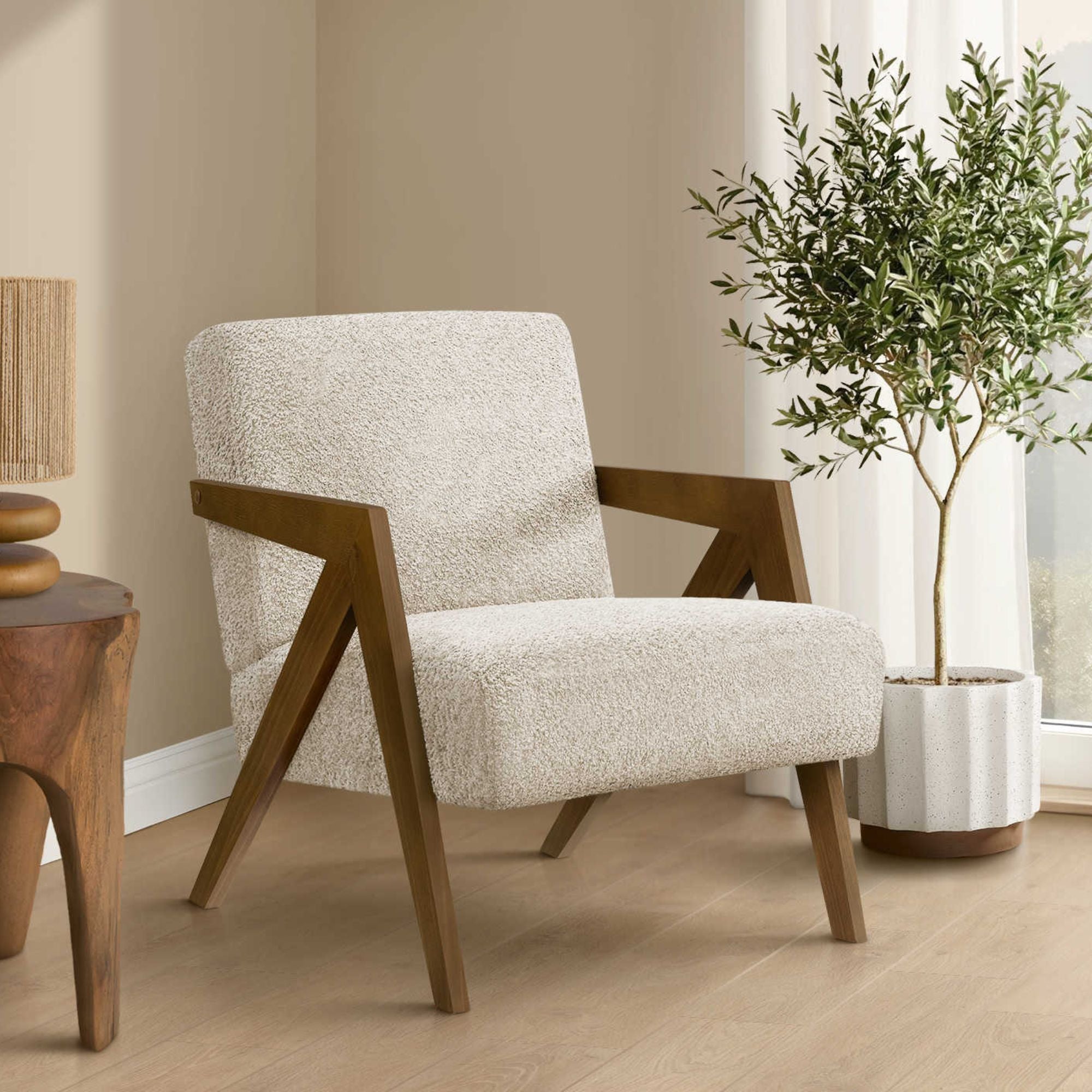 Cream fabric accent chair with walnut wood legs, stylish Monarch Specialties accent chair for modern living spaces.