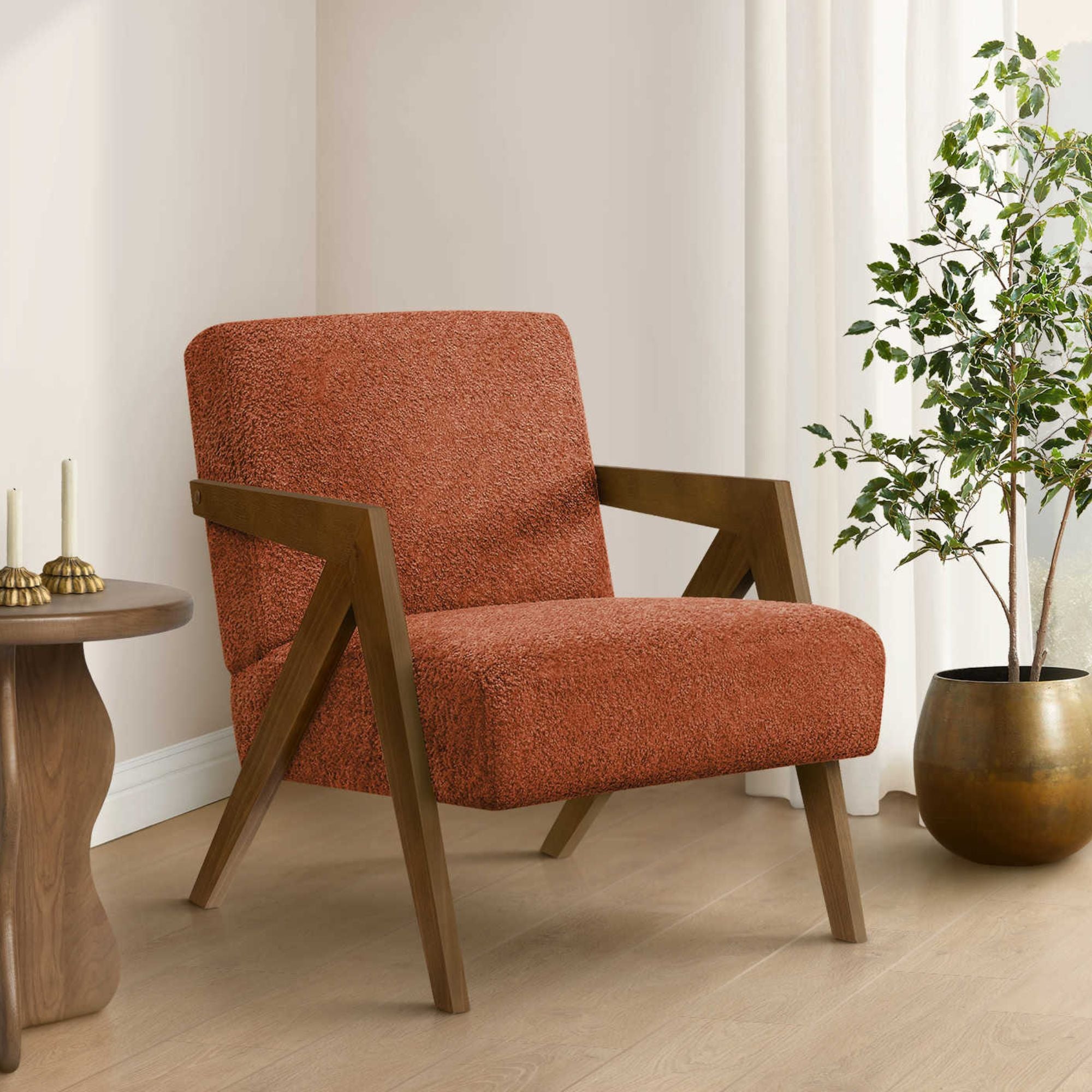 Red fabric accent chair with walnut wood legs, modern design, comfortable seating, by Monarch Specialties.