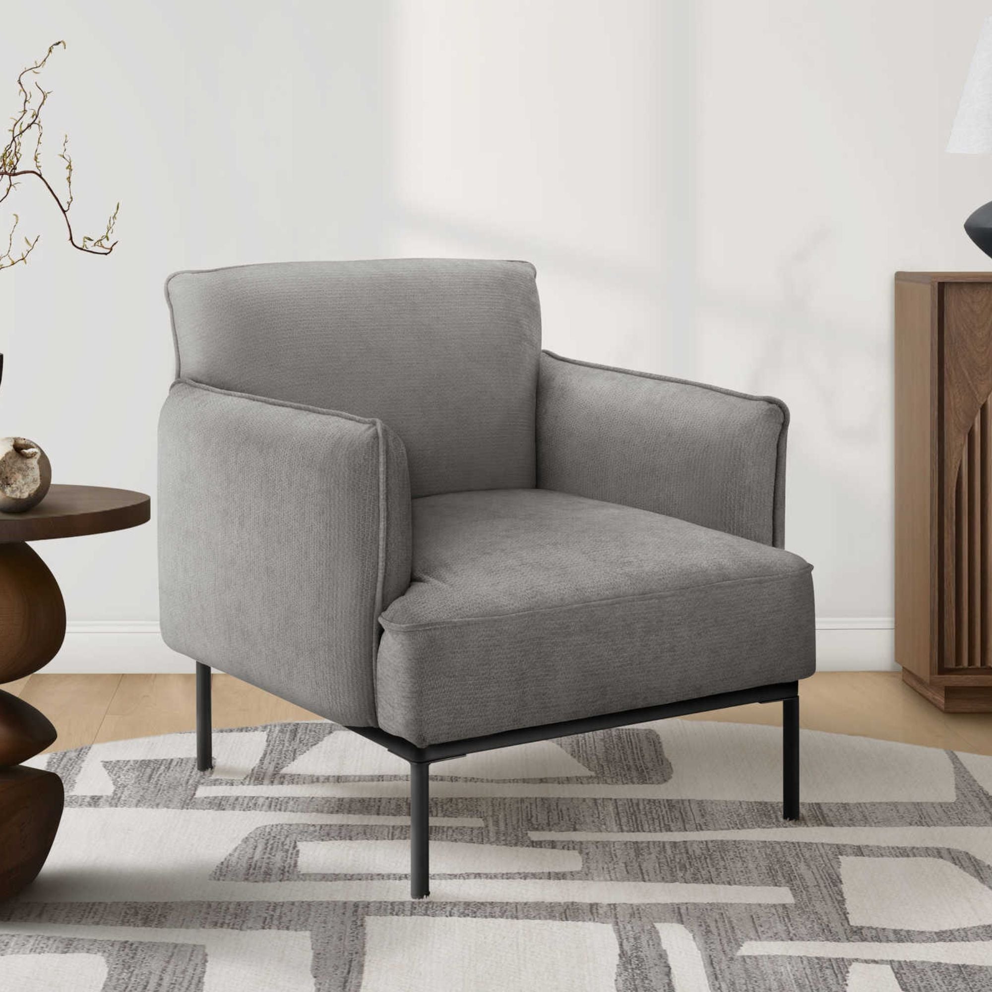 Grey fabric accent chair by Monarch Specialties with 33-inch height, modern design, and cushioned seating.