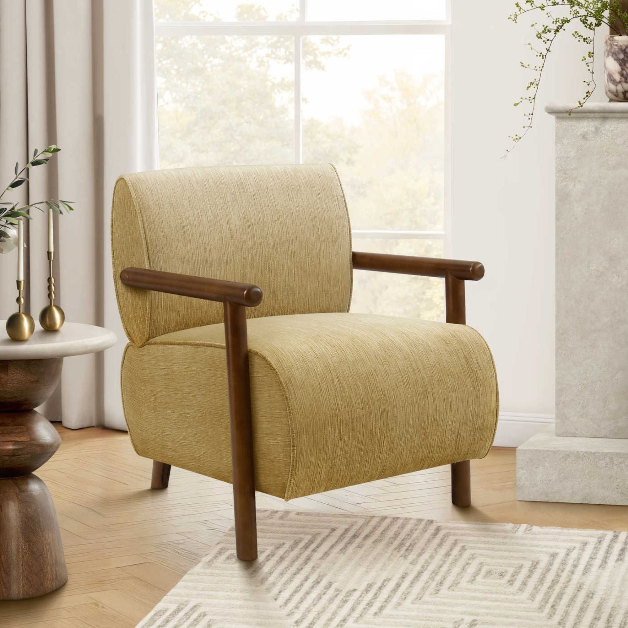 Light gold fabric accent chair with walnut wood legs, modern Monarch Specialties accent chair for stylish home decor.