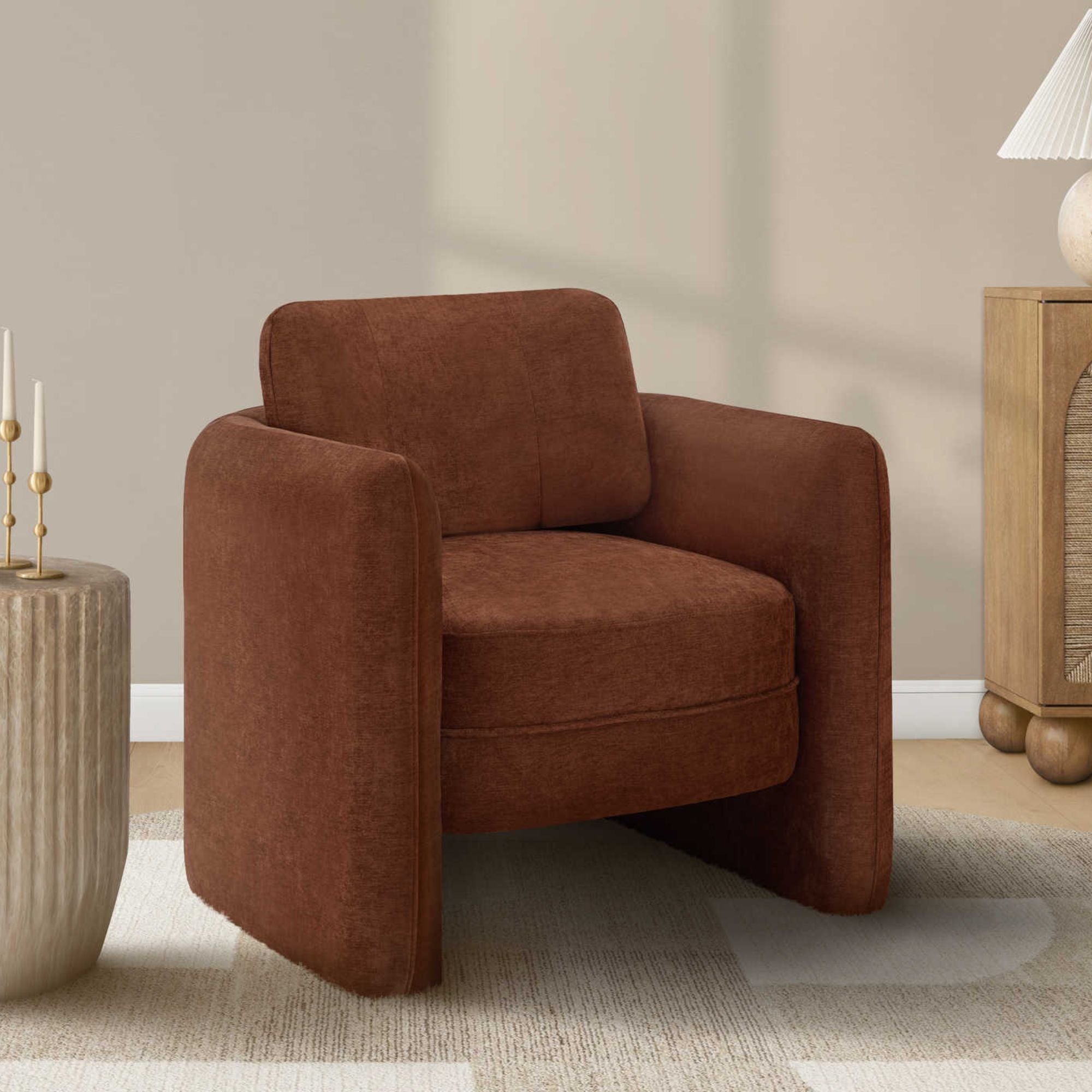 Terracotta fabric accent chair by Monarch Specialties with a modern design and wooden legs, ideal for living rooms or bedrooms.