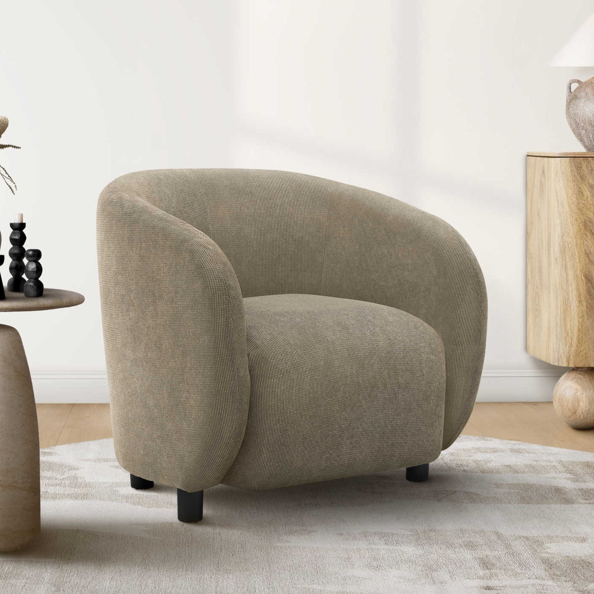 Light brown fabric barrel accent chair by Monarch Specialties, 30-inch height, stylish and comfortable for living rooms or bedrooms.