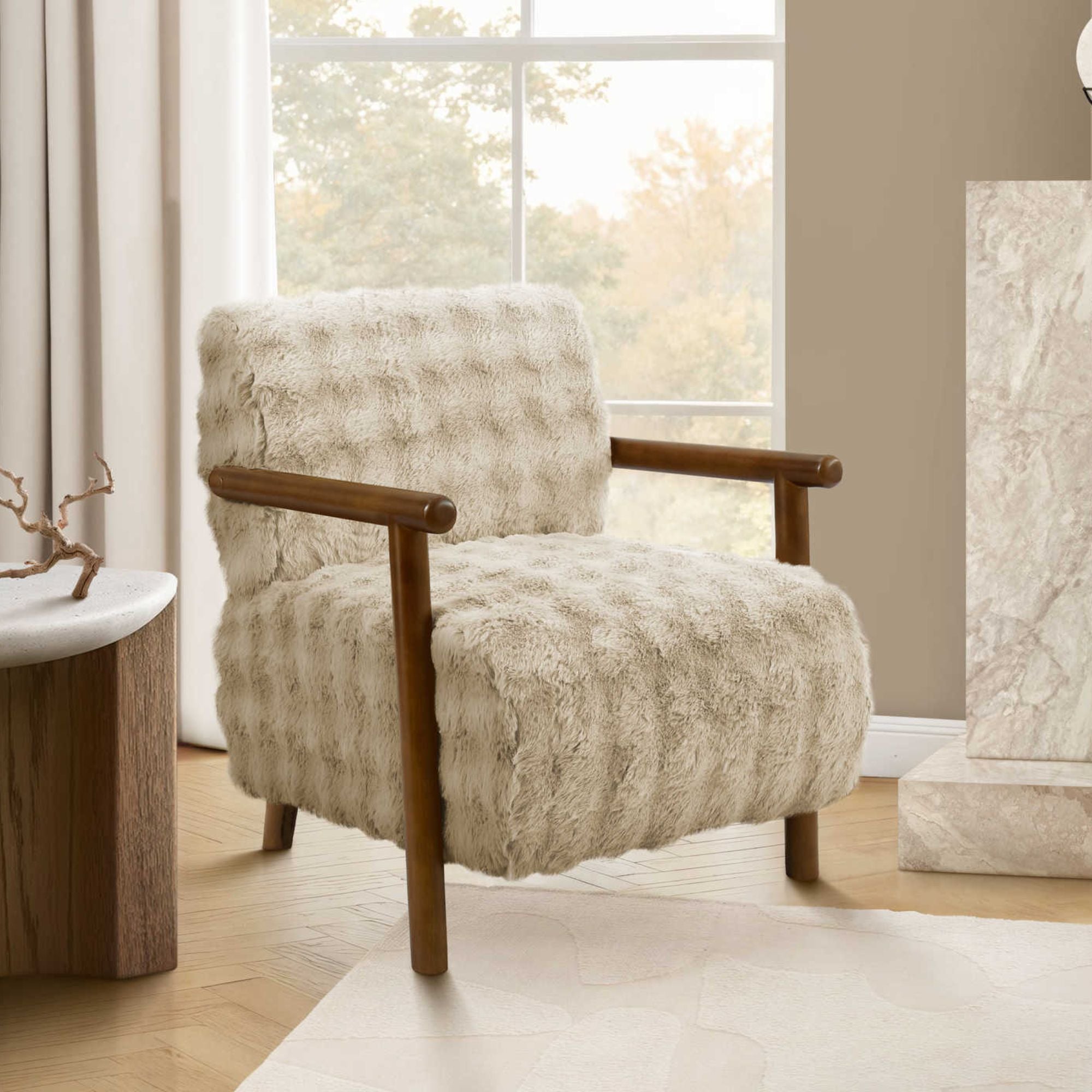 Light brown faux fur accent chair with walnut wood legs, stylish Monarch Specialties accent chair for living room decor.