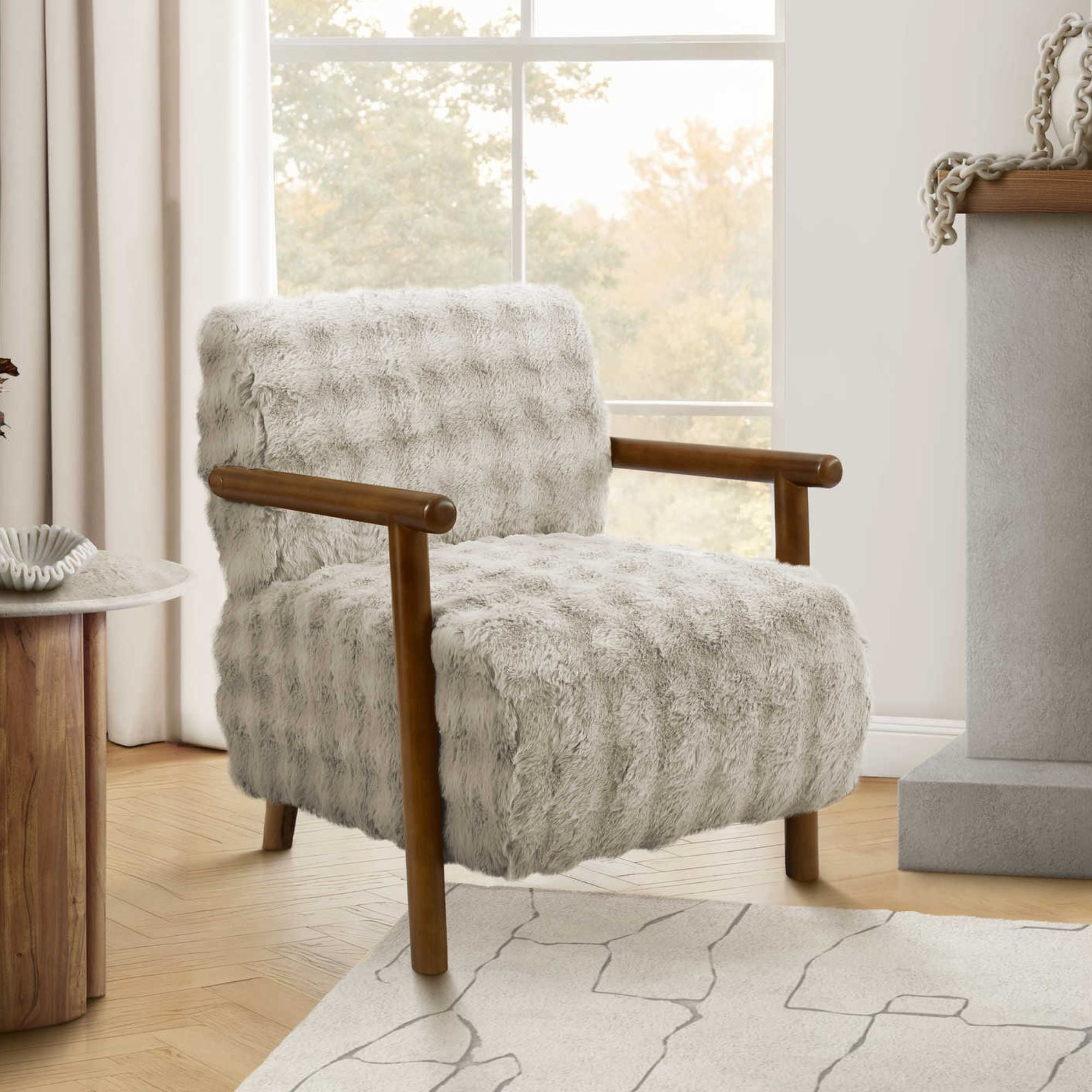 Light grey faux fur accent chair with walnut wood legs, stylish Monarch Specialties accent chair for modern living rooms.