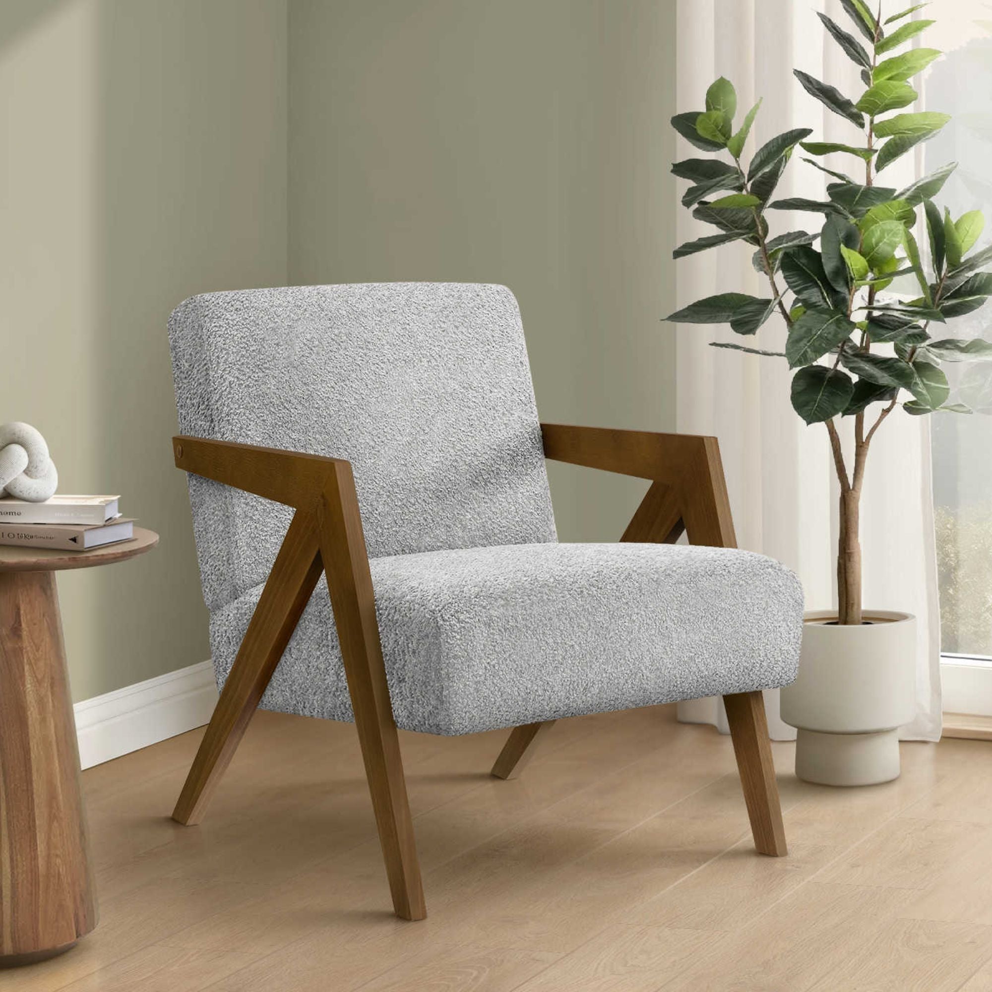 Light grey fabric accent chair with walnut wood legs from Monarch Specialties, showcasing a modern, stylish design.