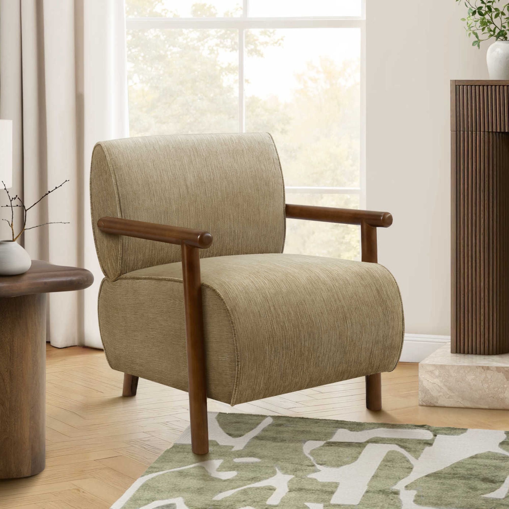 Light brown fabric accent chair with walnut wood legs, modern design, by Monarch Specialties.