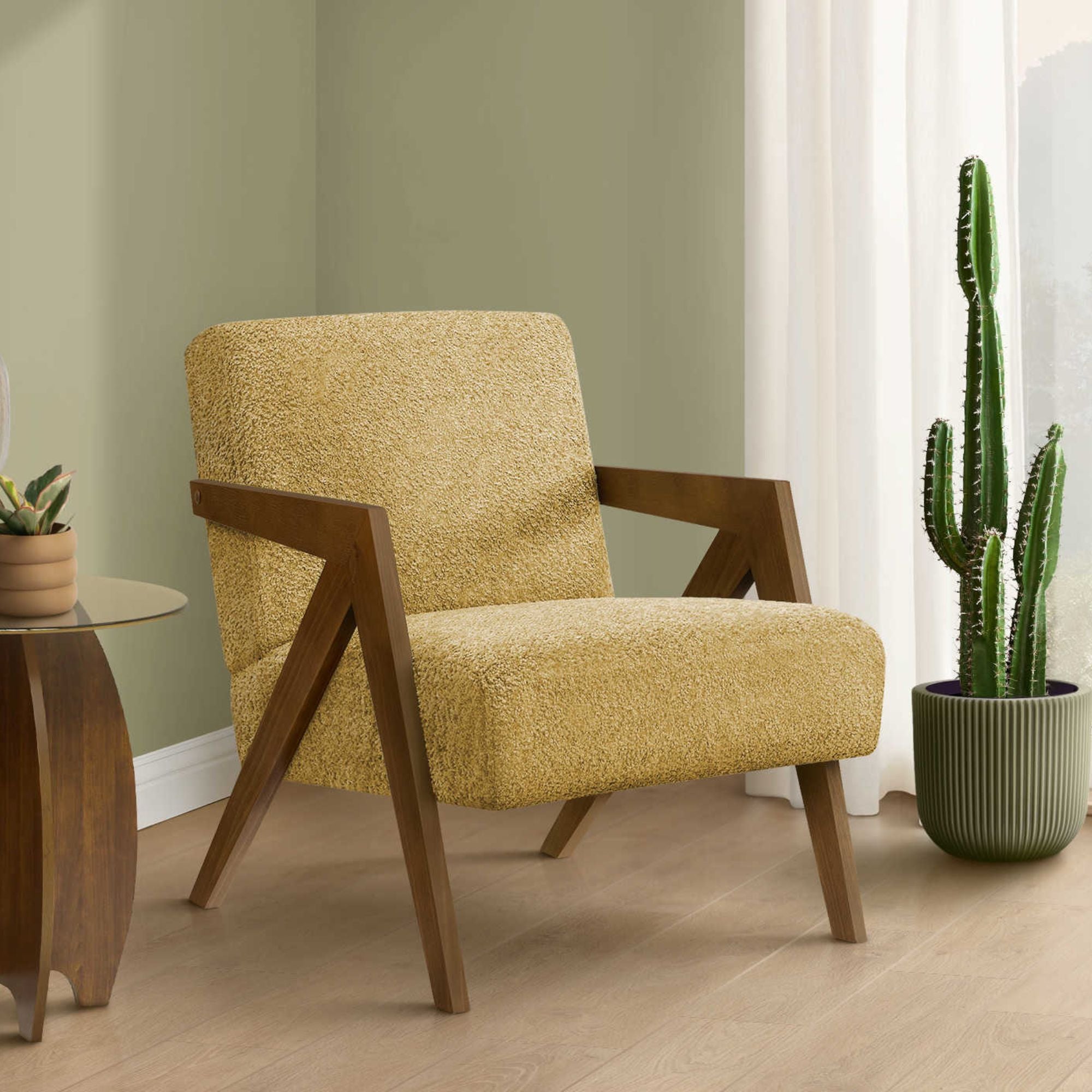 Yellow fabric accent chair with walnut wood legs and sleek modern design by Monarch Specialties.