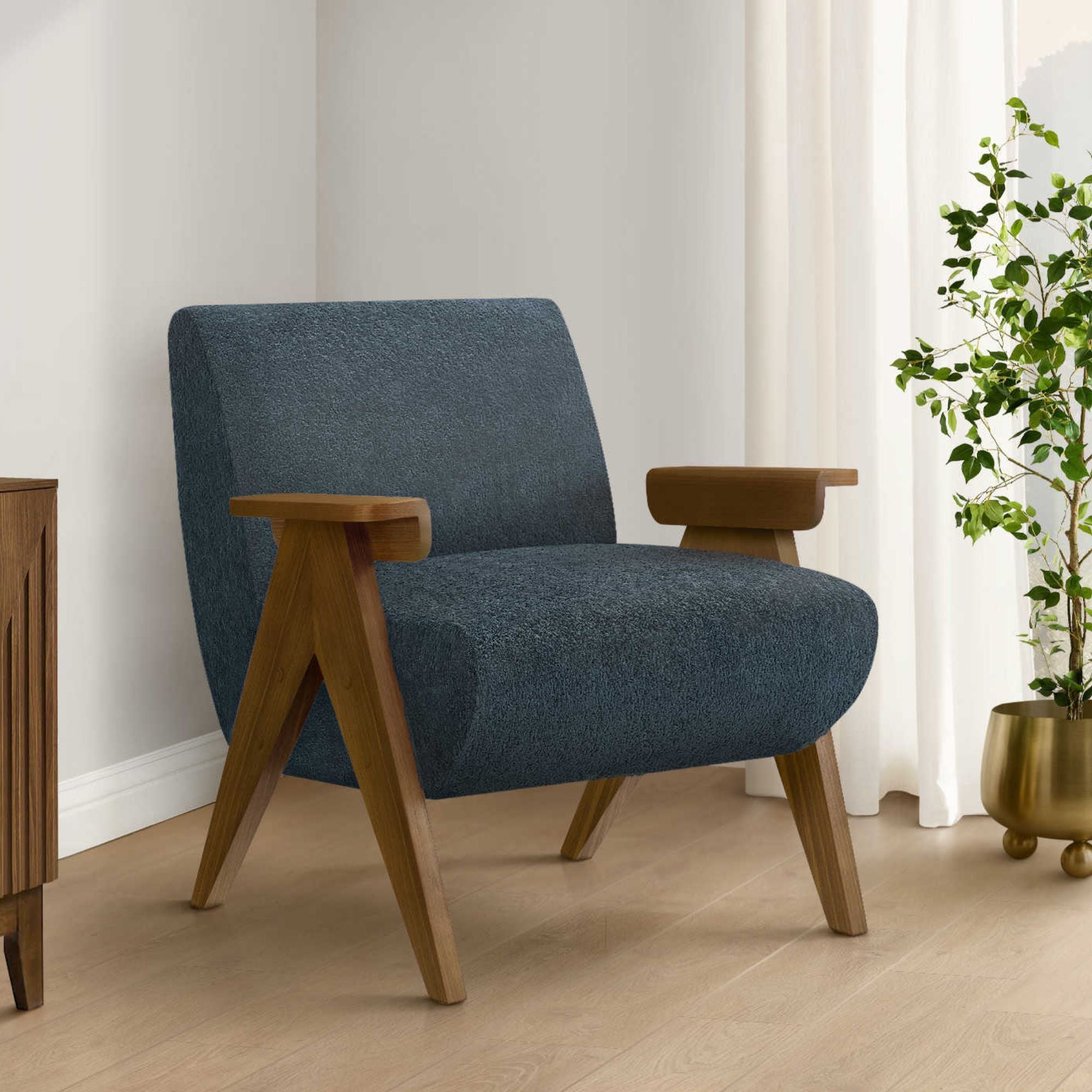Blue fabric accent chair with walnut wood frame from Monarch Specialties, showcasing a modern, comfortable design.
