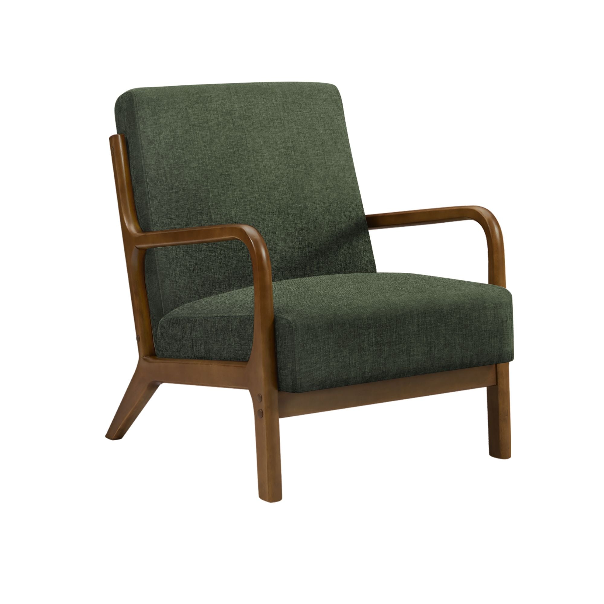 Green fabric accent chair with walnut wood legs from Monarch Specialties, showcasing a modern and stylish design.