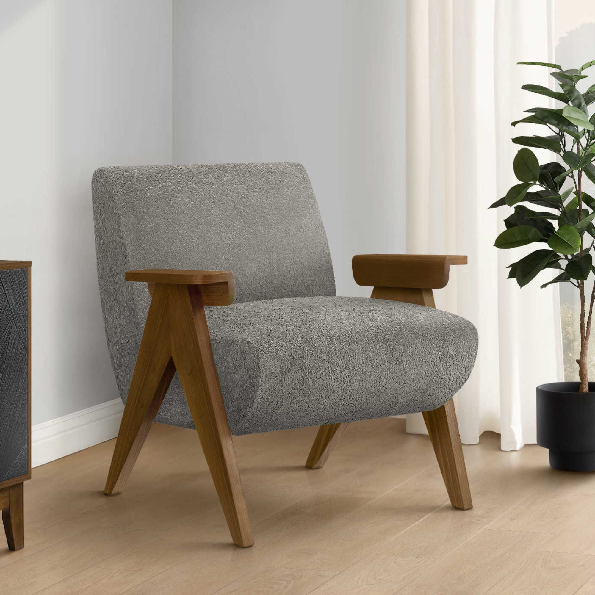 Grey fabric accent chair with walnut wood legs, modern design, comfortable seating from Monarch Specialties.