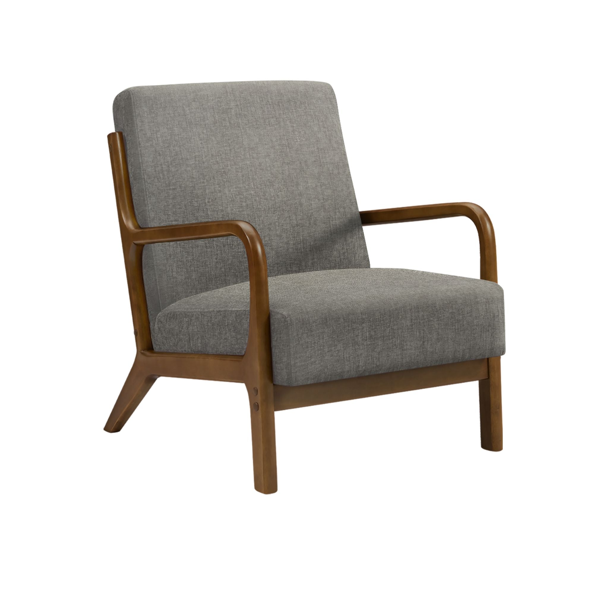 Grey fabric accent chair with walnut wood legs from Monarch Specialties, showing a modern, upholstered seating with wooden frame.