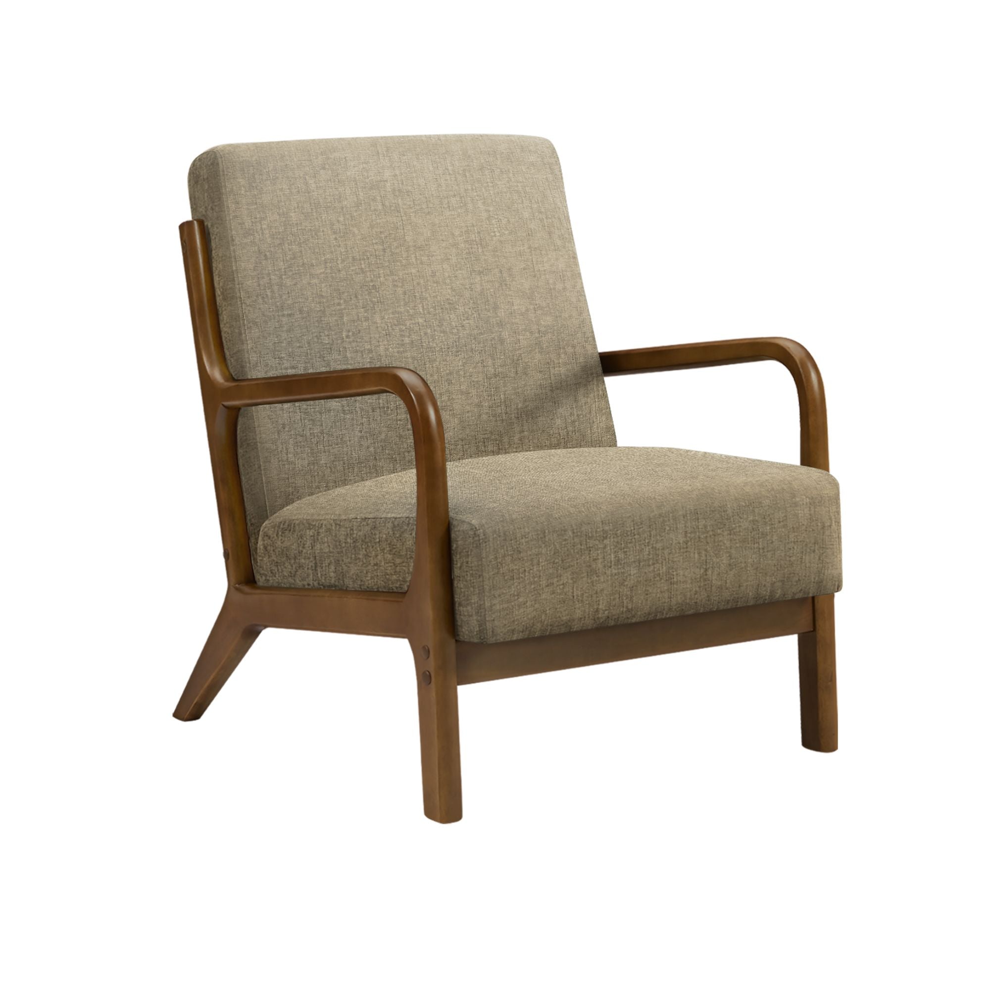 Light brown fabric accent chair with walnut wood legs, modern design, by Monarch Specialties.