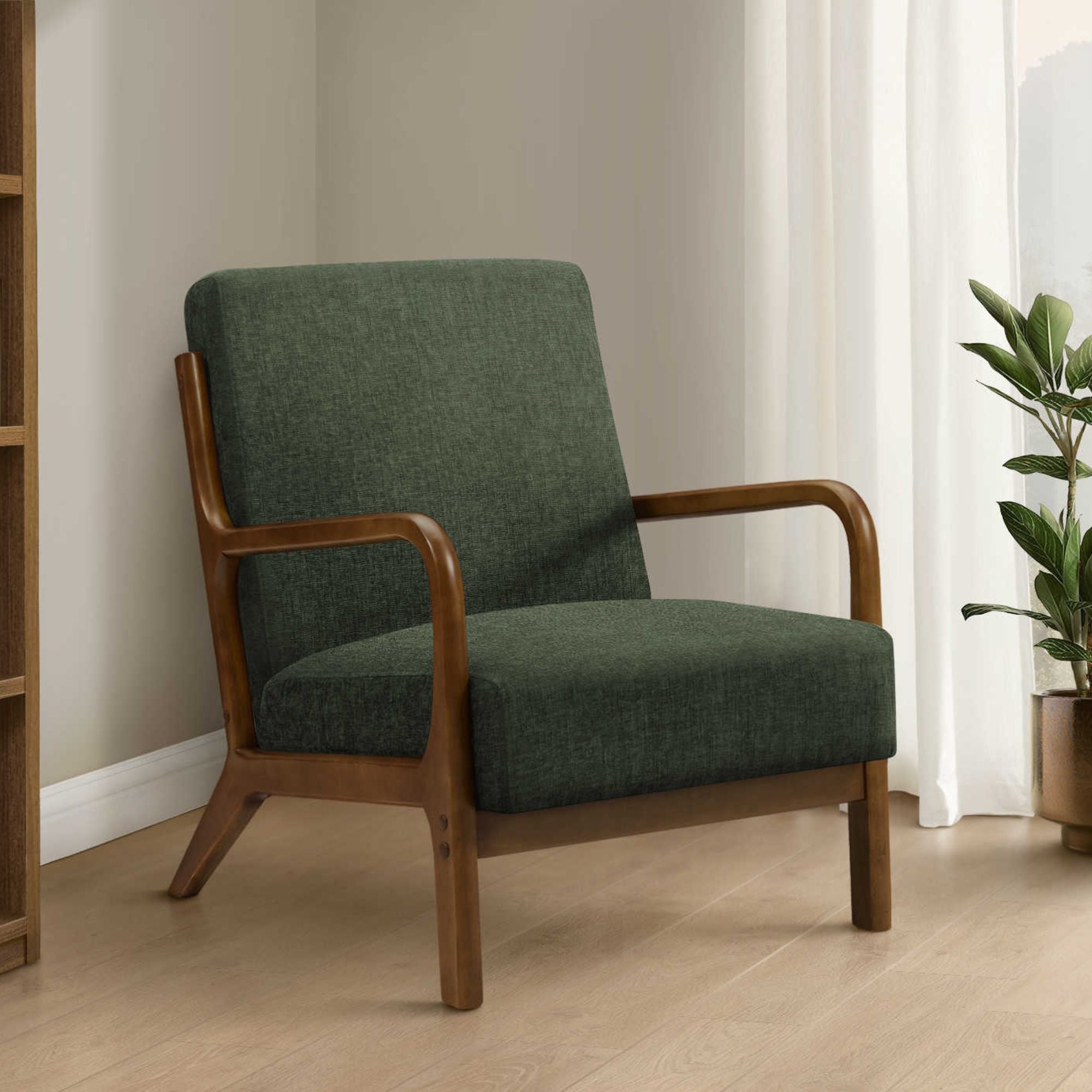 Green fabric accent chair with walnut wood legs, modern design, Monarch Specialties furniture for living room decor.