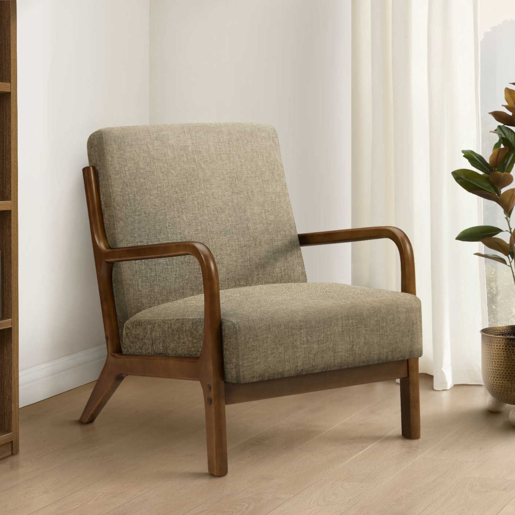 Light brown fabric accent chair with walnut wood legs, modern design, from Monarch Specialties.