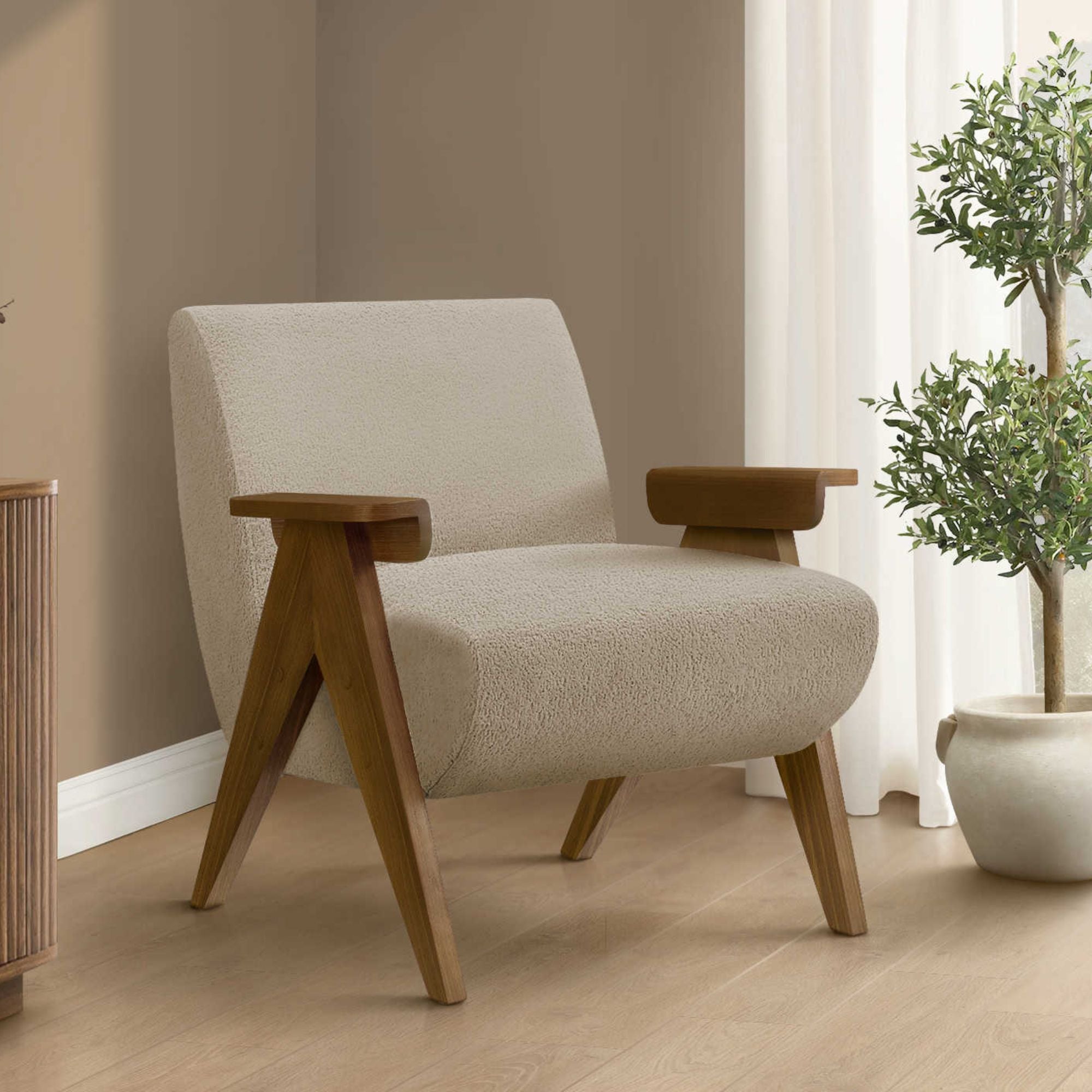 Beige fabric accent chair with walnut wood legs, stylish Monarch Specialties accent chair for modern living spaces.
