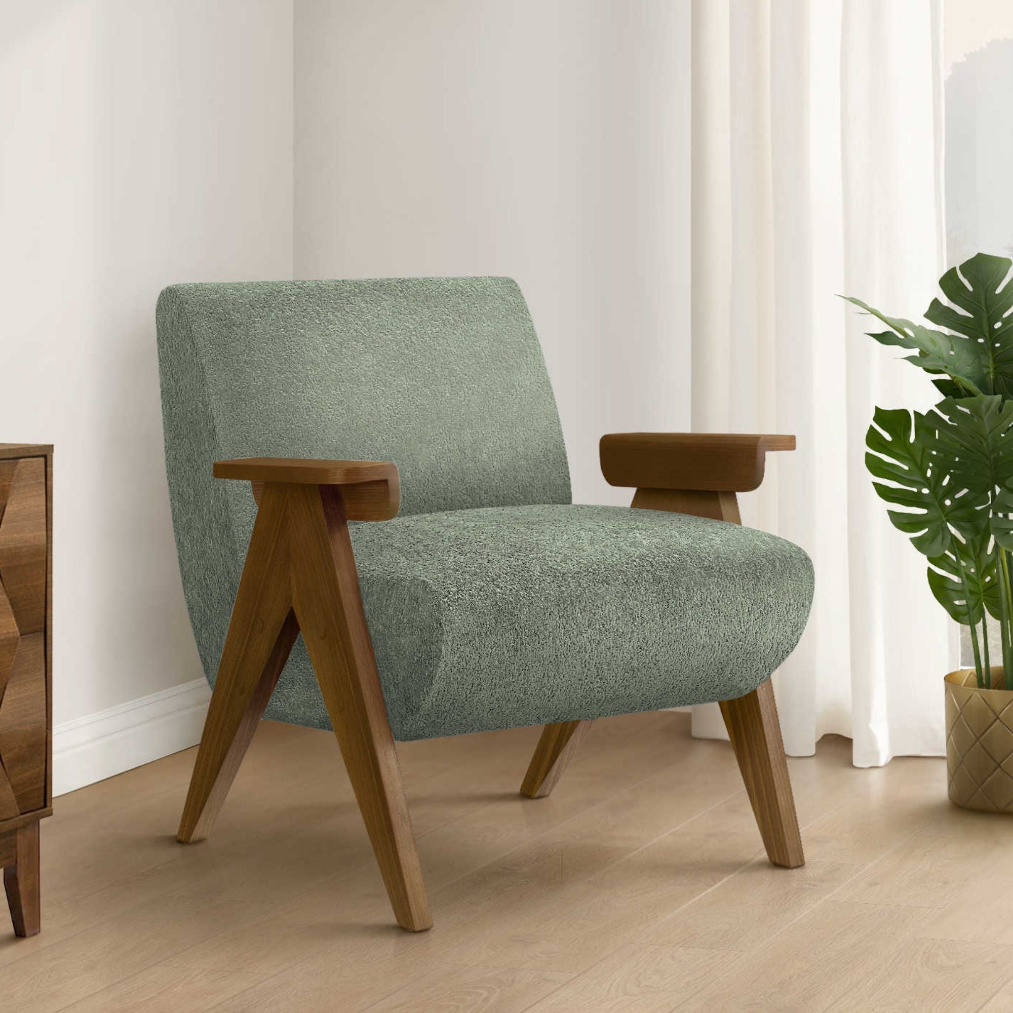 Green fabric accent chair with walnut wood legs, modern design, and plush cushioning from Monarch Specialties.