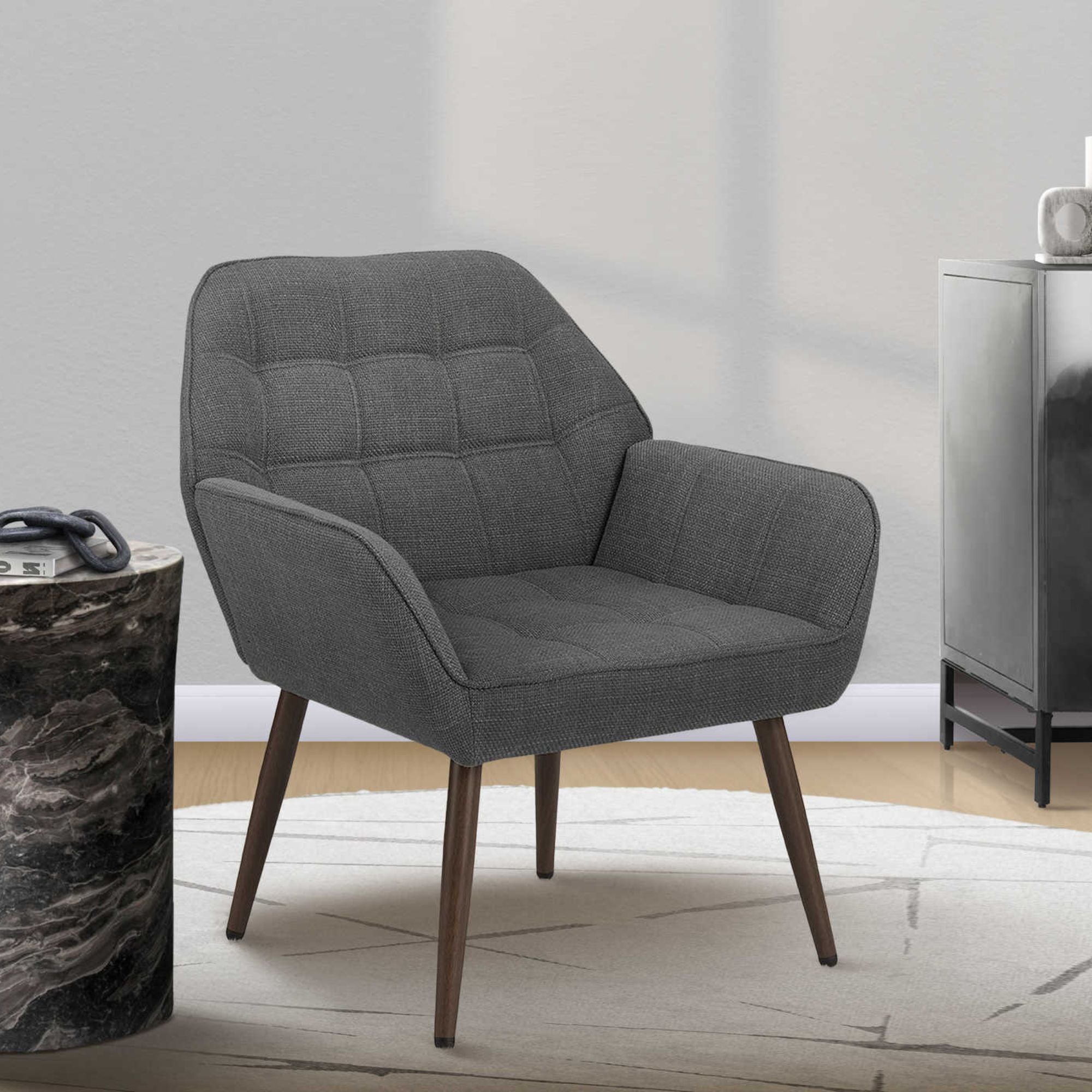 Light grey fabric accent chair by Monarch Specialties, modern design with cushioned seat and stylish wooden legs.