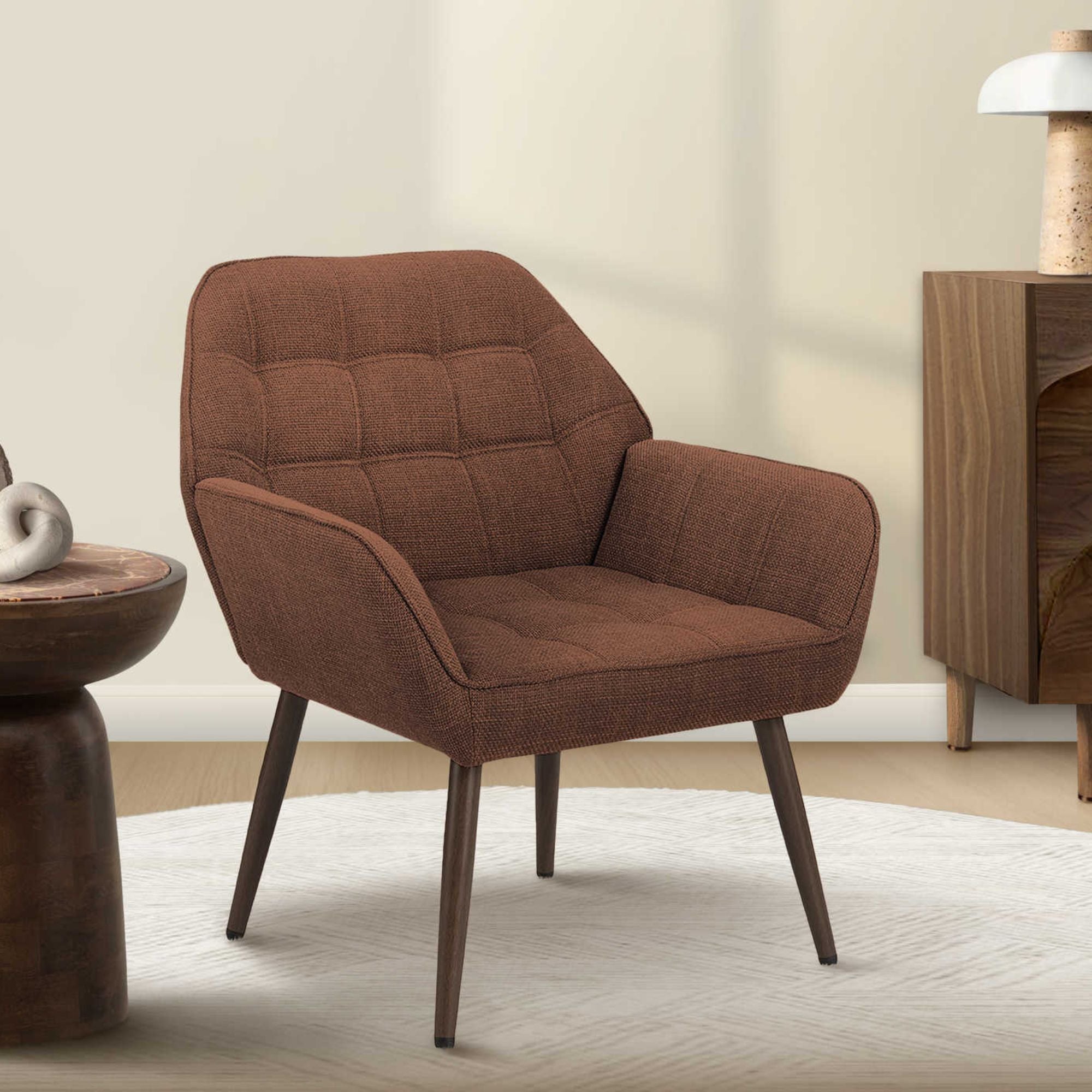 Rust fabric accent chair by Monarch Specialties featuring a stylish, modern design with a cushioned seat and wooden legs.