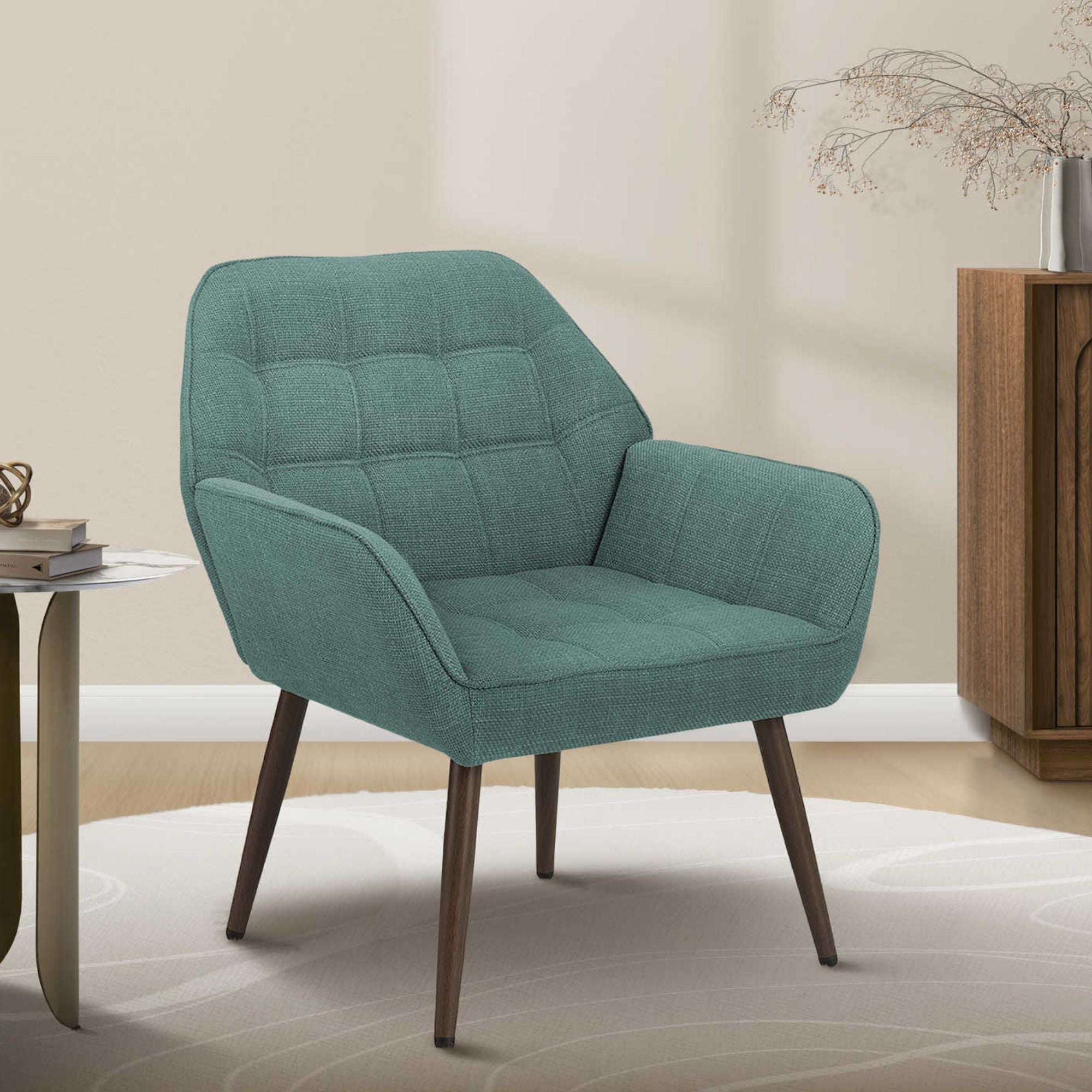 Turquoise fabric accent chair by Monarch Specialties with cushioned seat and modern design, perfect for living room decor.