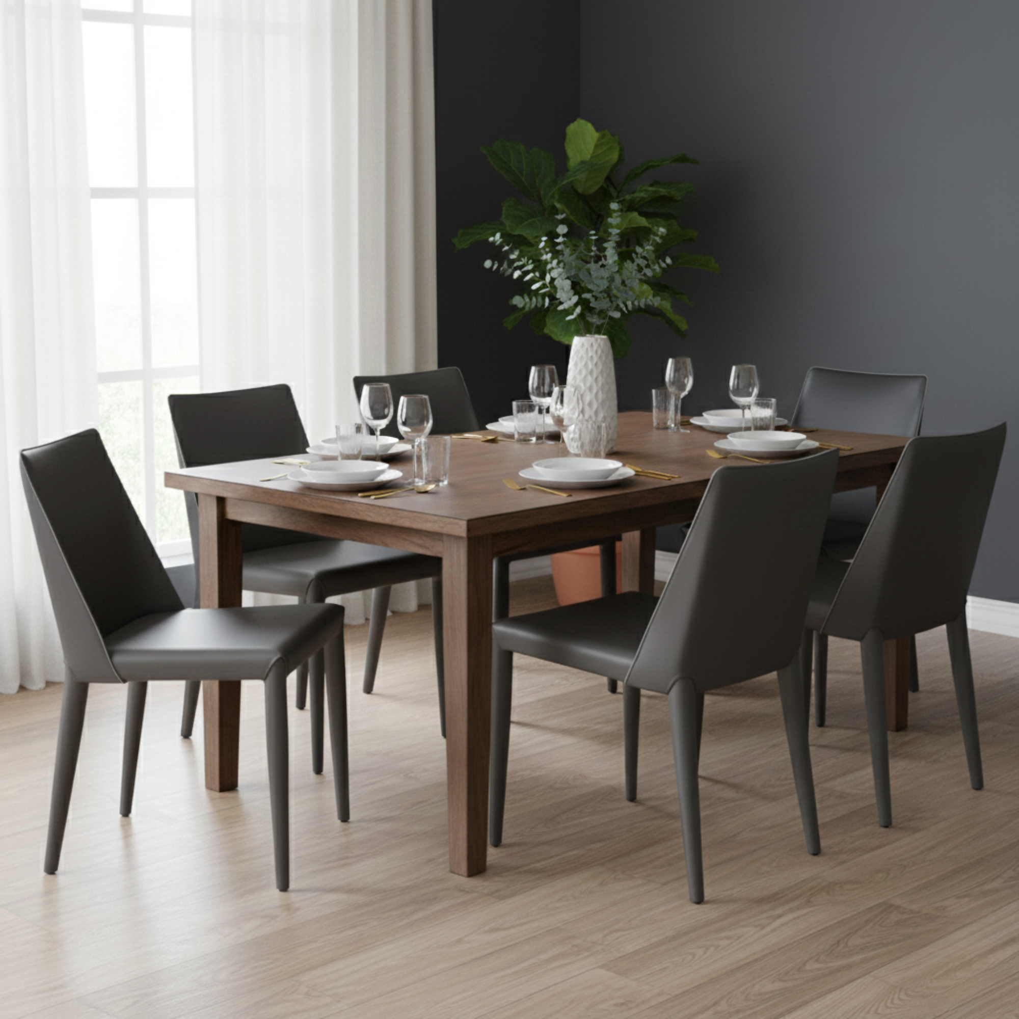 Set of Elite Living Ace grey dining chairs with modern design, featuring cushioned seats and sleek wooden legs.