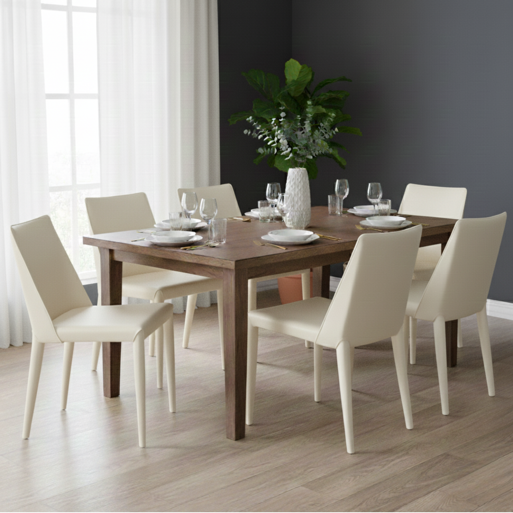 Set of Elite Living Ace dining chairs in off-white fabric with sleek wooden legs, modern design for dining room decor.