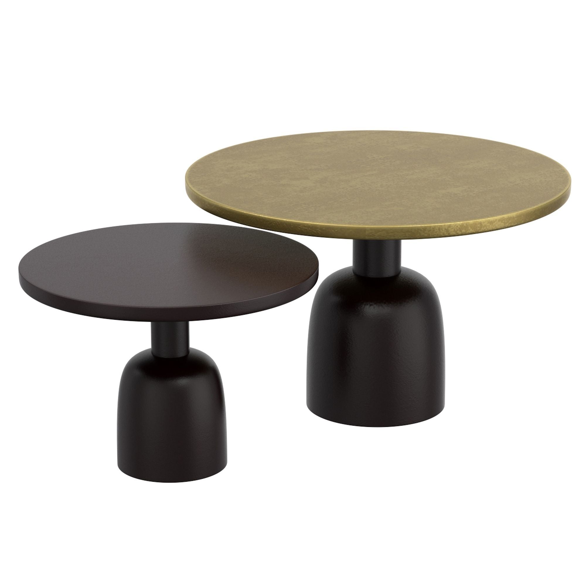 Two round coffee tables in antique gold and black finish, part of the World Wide Adira 2-piece table set, showcasing elegant modern design.