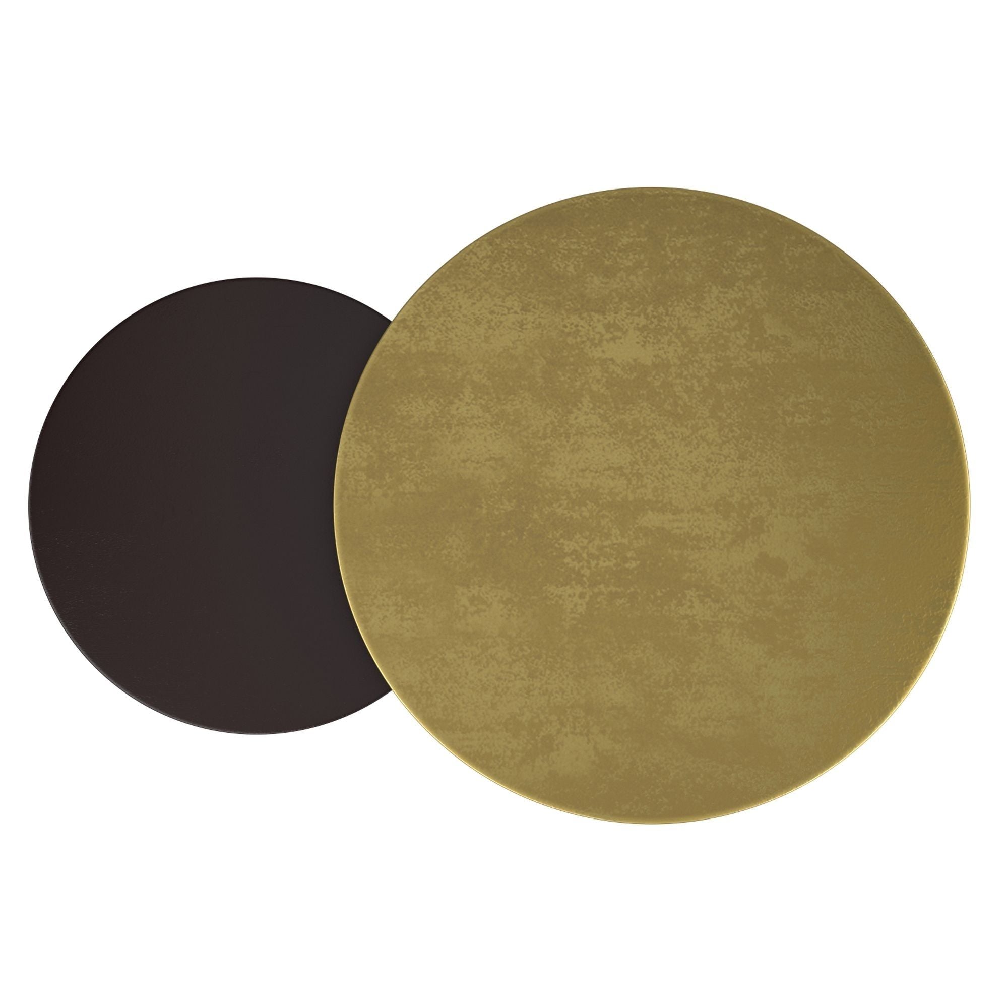 Two round coffee tables in antique gold and black finish from the World Wide Adira 2-piece set, showcasing sleek modern design.