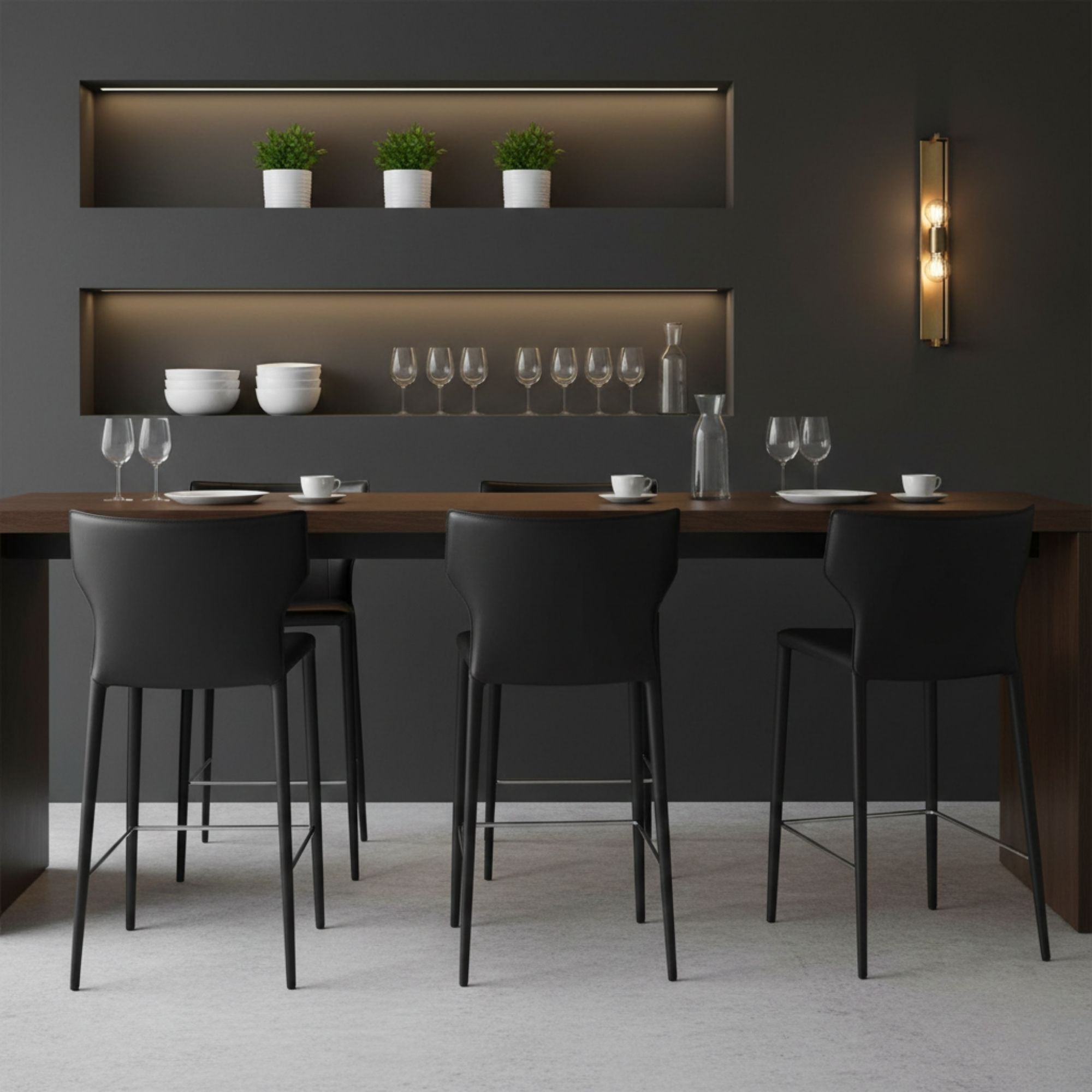 Set of two black Adoro counter bar stools by Elite Living with sleek, modern design and wooden legs.