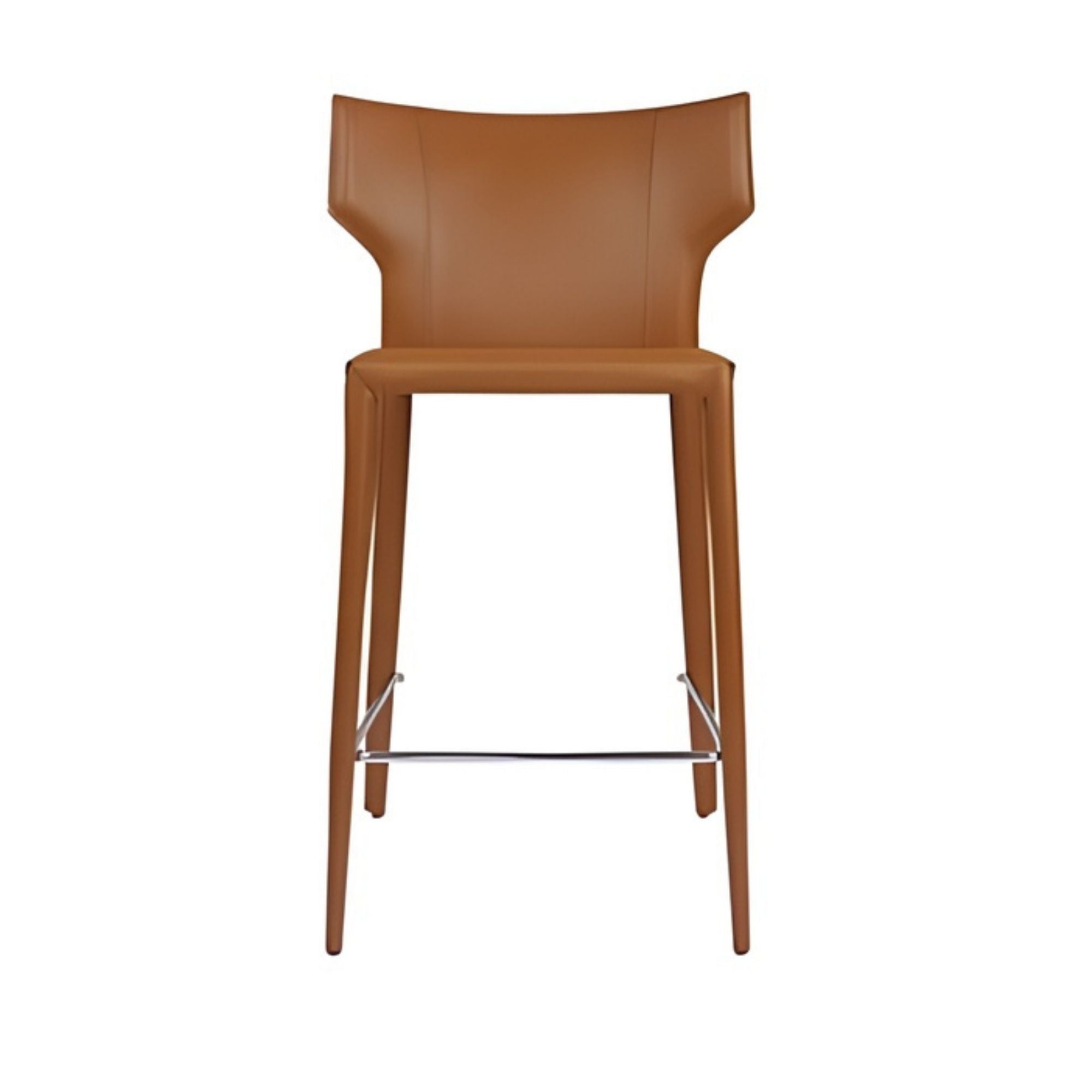 Elite Living Adoro counter bar stools in rich cognac leather with sleek metal legs, perfect for modern kitchen or bar areas.