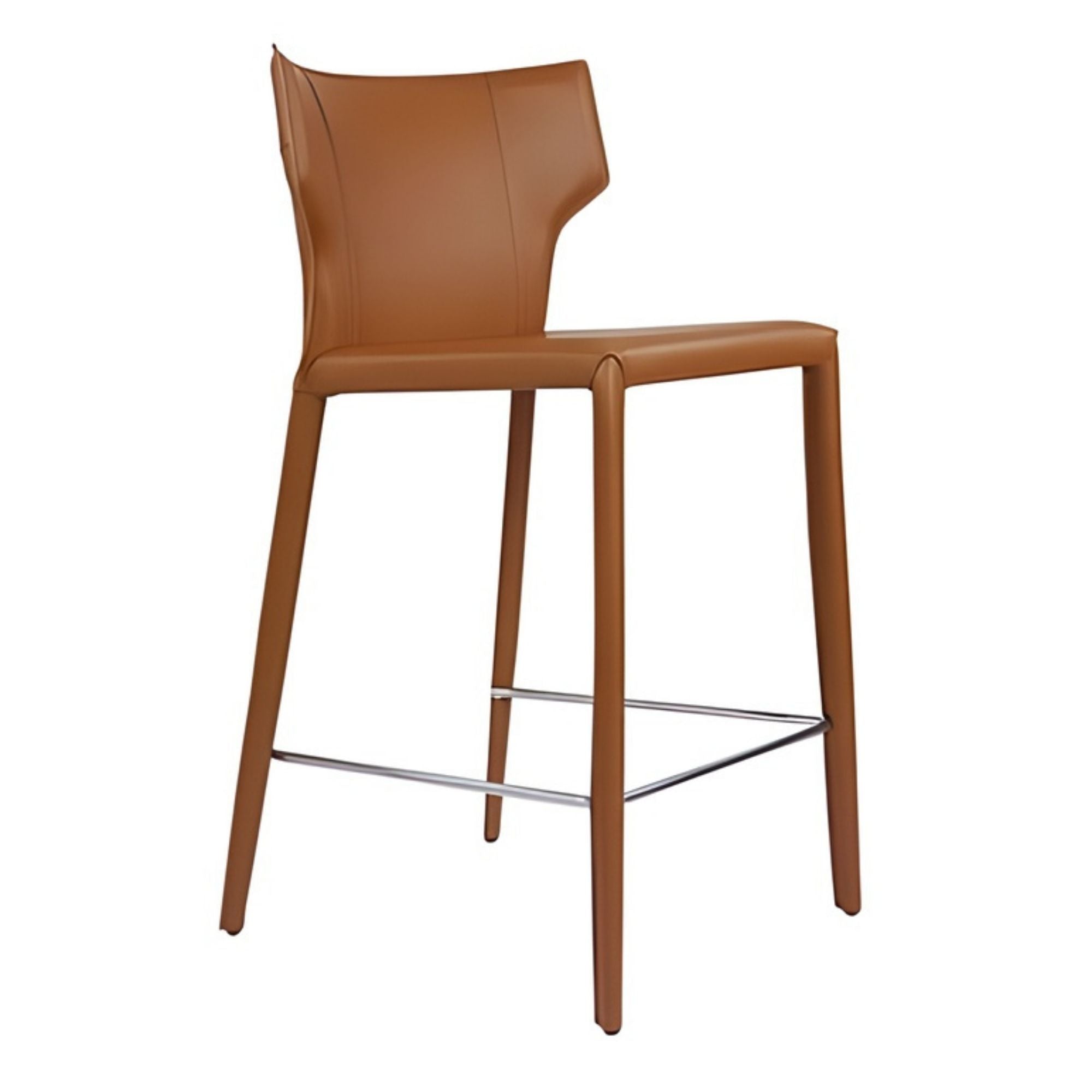 Elite Living Adoro counter bar stools in rich cognac leather with sleek metal legs, perfect for modern kitchen or bar area.