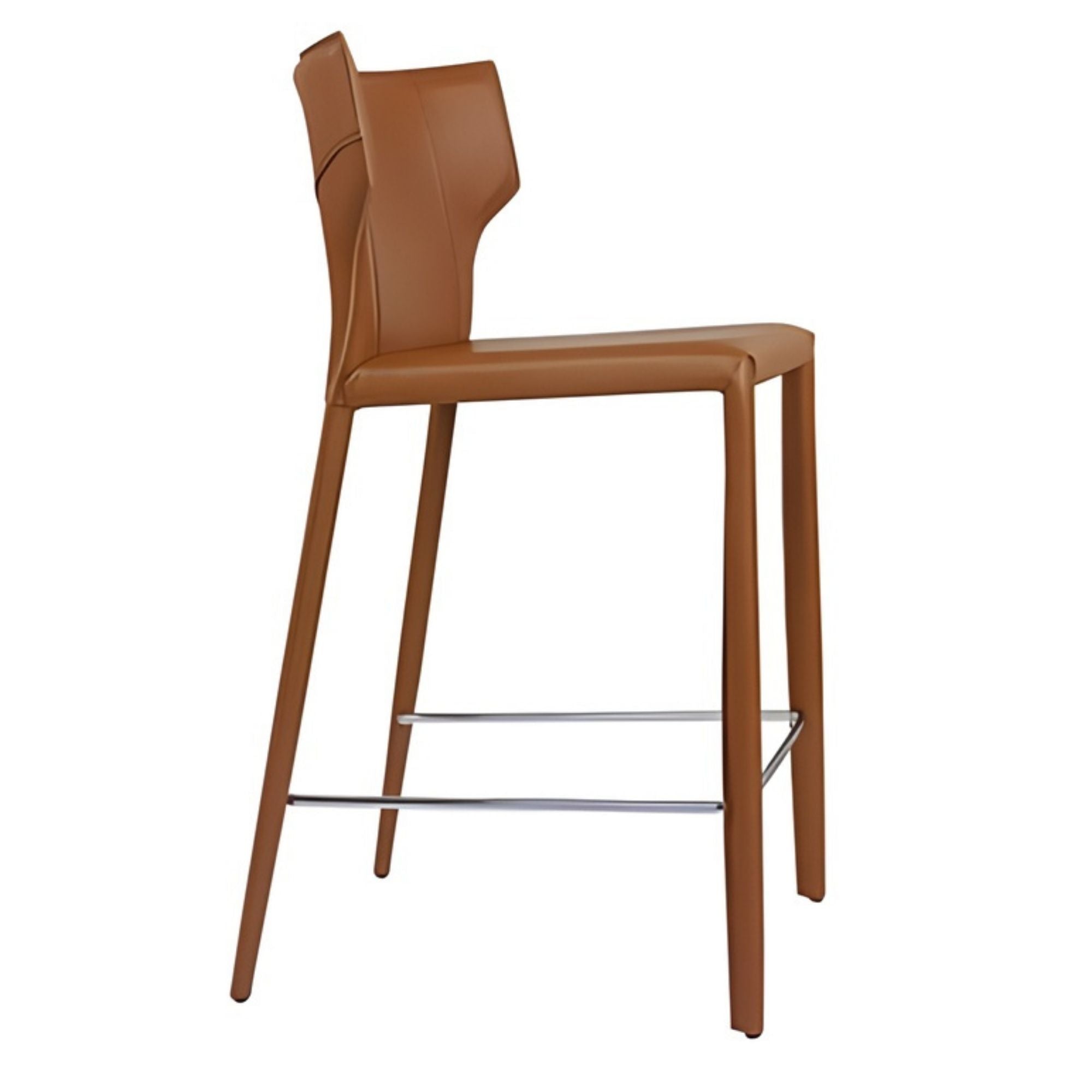 Elite Living Adoro counter bar stools in cognac leather with sleek metal legs, shown from a side angle.