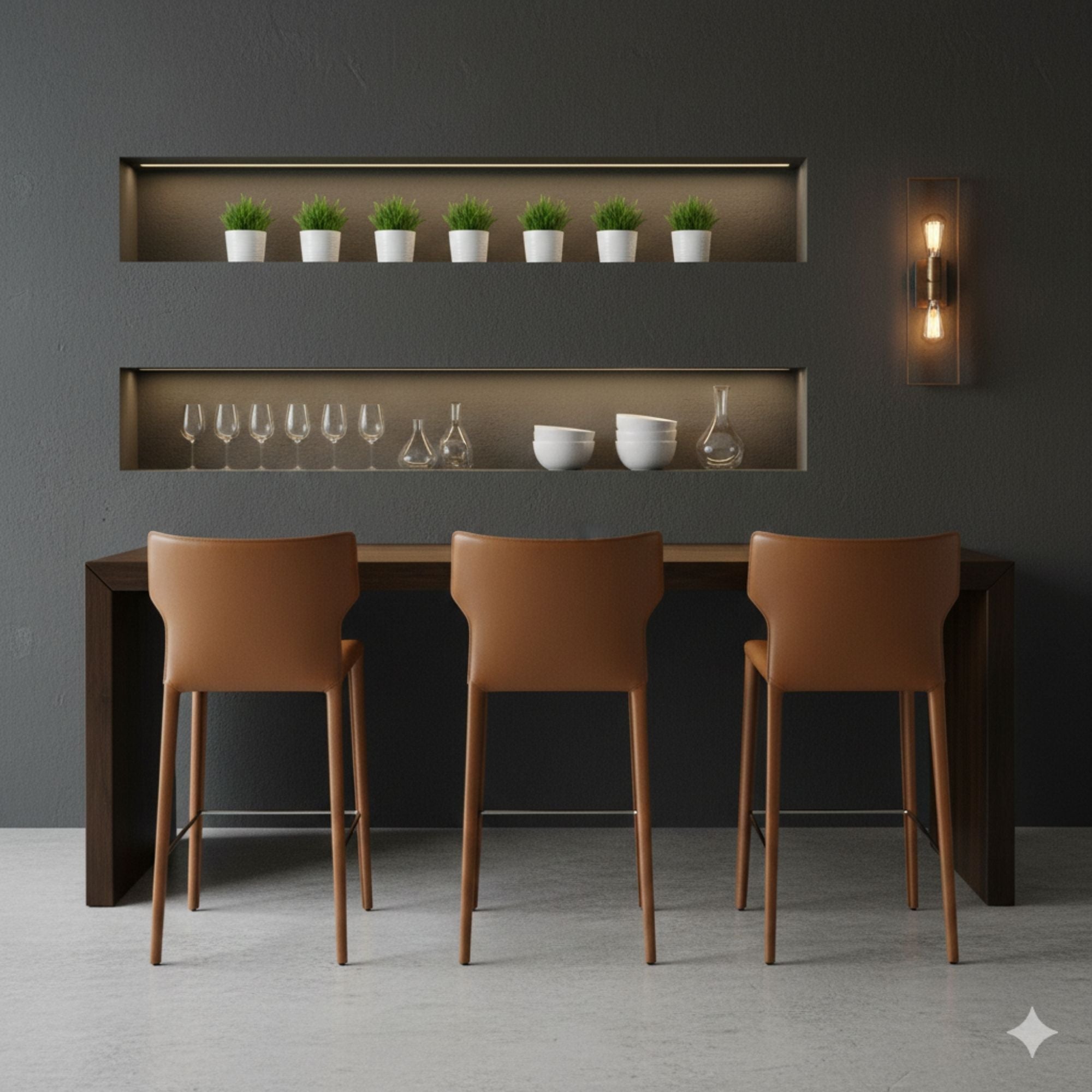 Set of four Elite Living Adoro Counter Bar Stools in rich cognac leather with sleek metal legs.