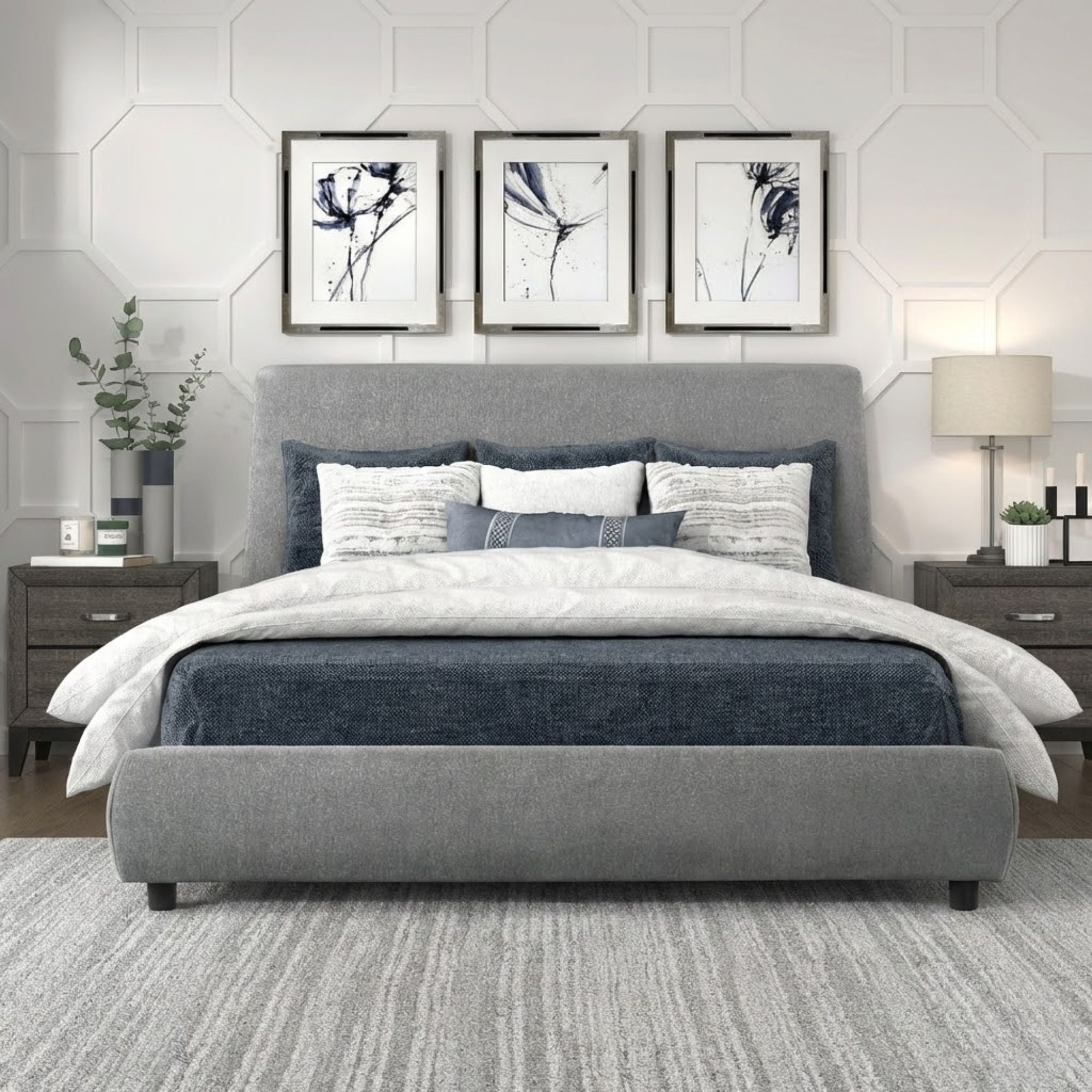 MAZ Alford Collection upholstered platform bed with padded headboard and sleek design, perfect for modern bedroom decor.