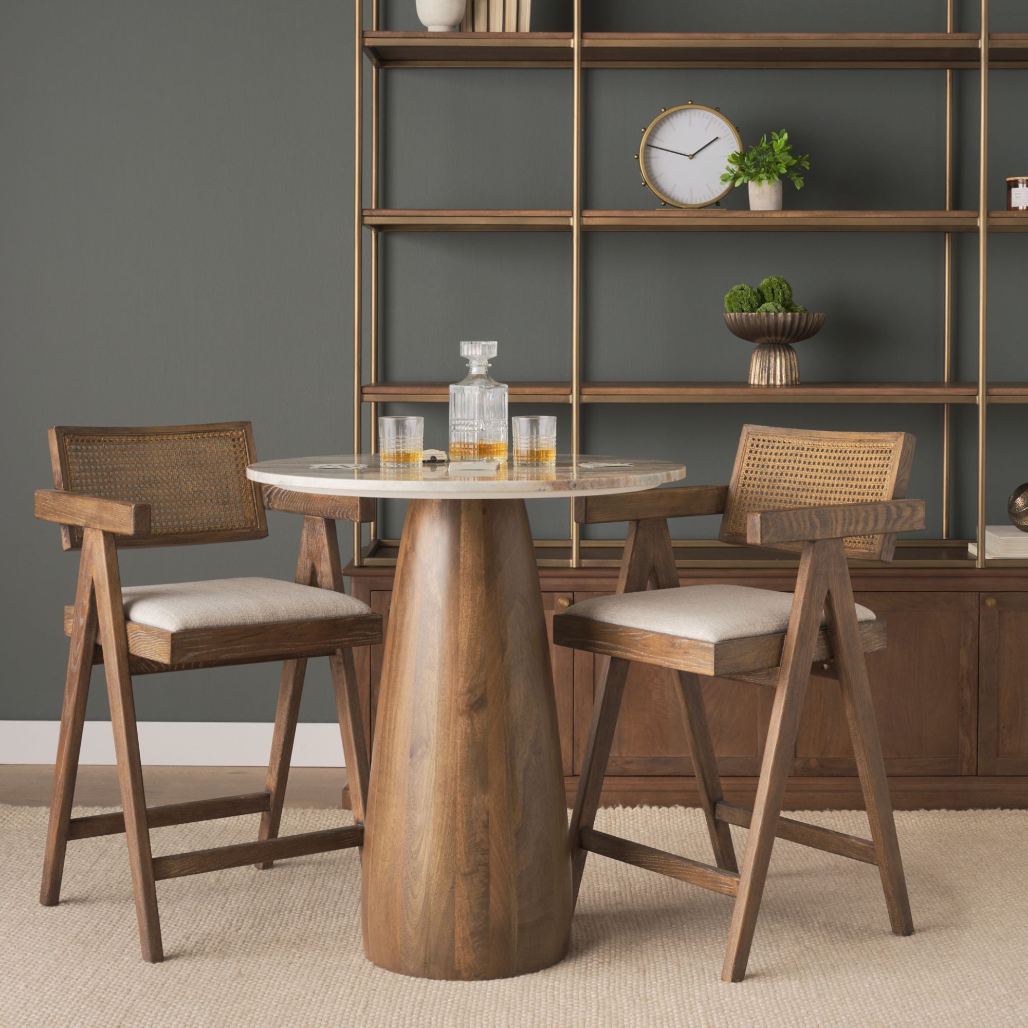Mercana Allyson Collection 32-inch pink marble top dining bistro table with sleek metal legs, perfect for stylish small dining spaces.