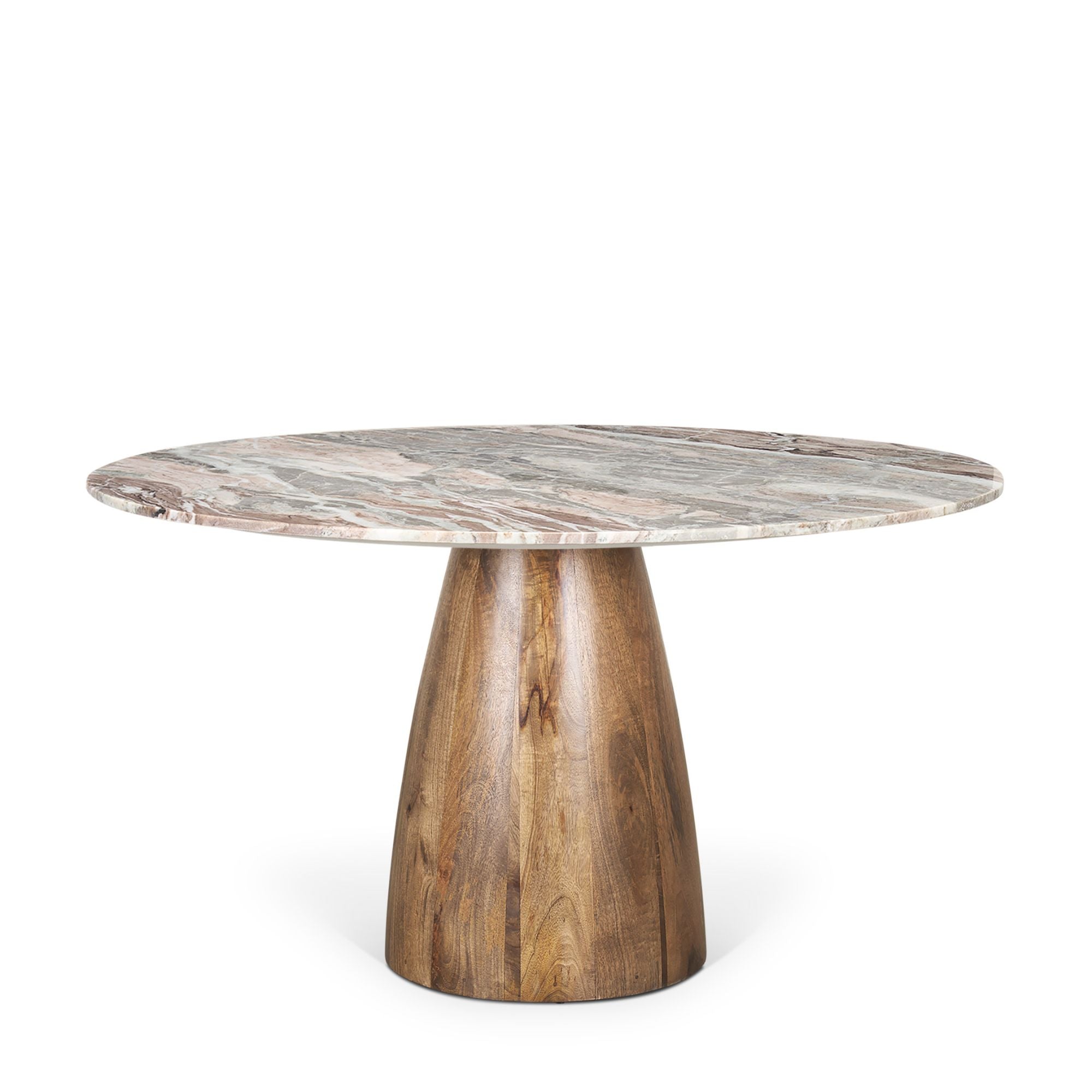 Mercana Allyson Collection 54-inch pink marble top dining table, showcasing elegant marble surface and sturdy wooden legs.
