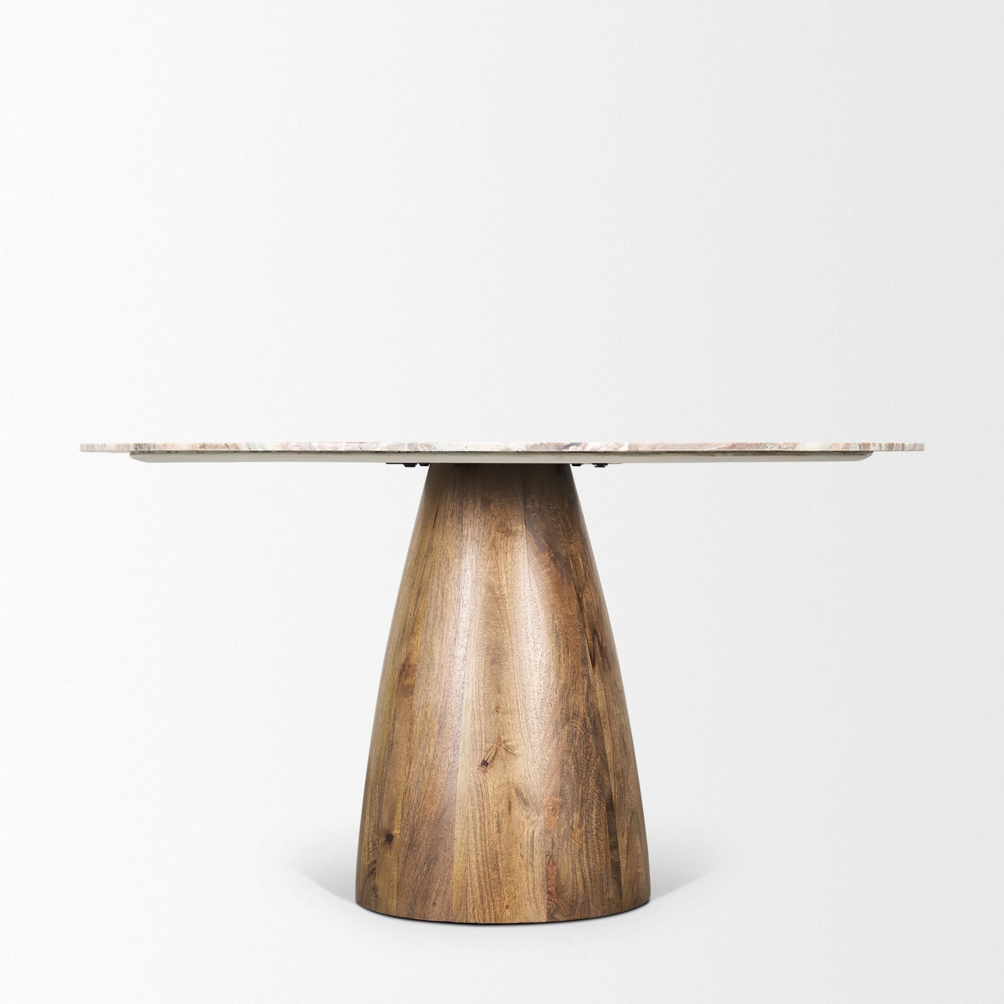 Mercana Allyson Collection 54-inch pink marble top dining table with sleek modern design and sturdy metal legs.