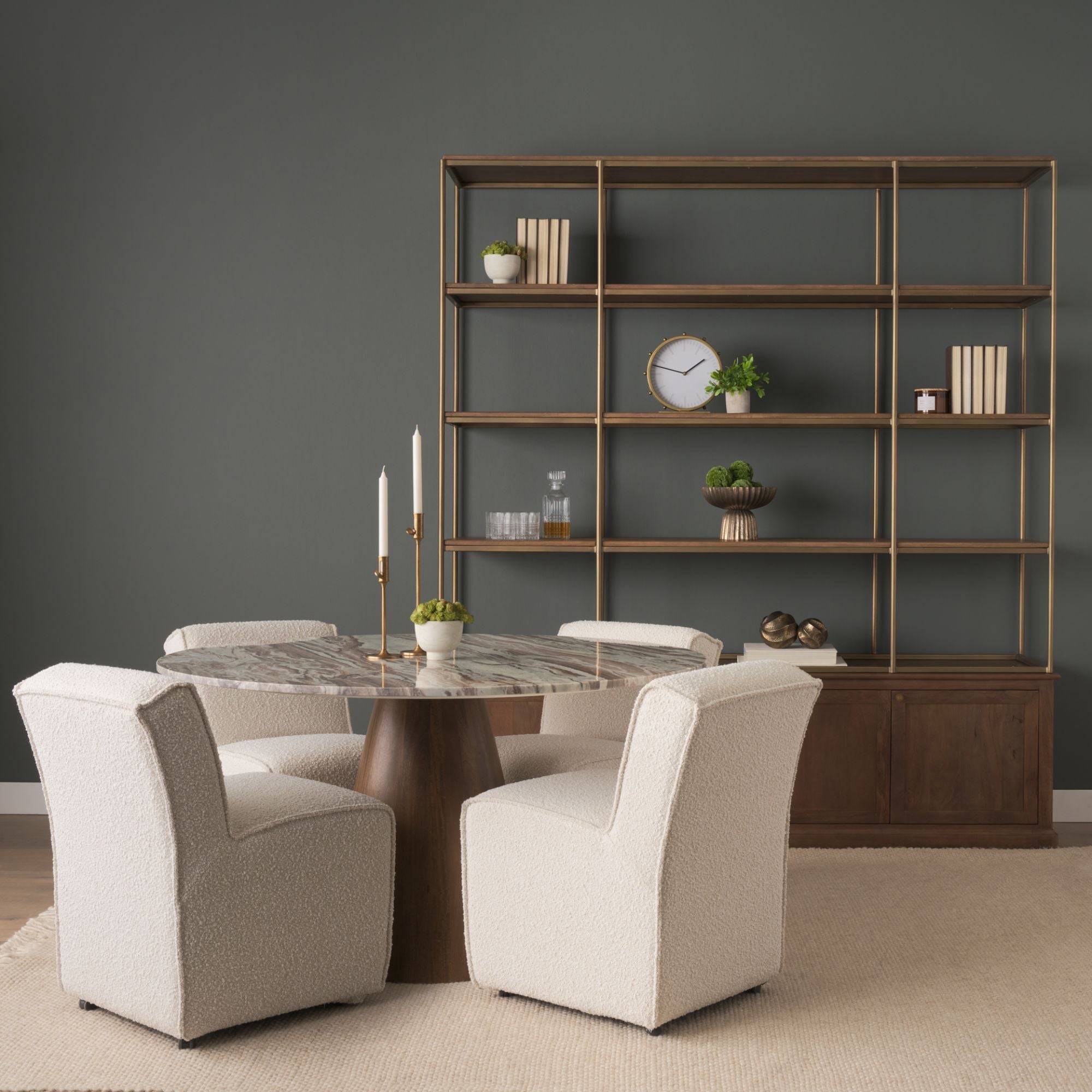 Mercana Allyson 54-inch pink marble top dining table with sleek wooden legs, ideal for modern dining rooms.