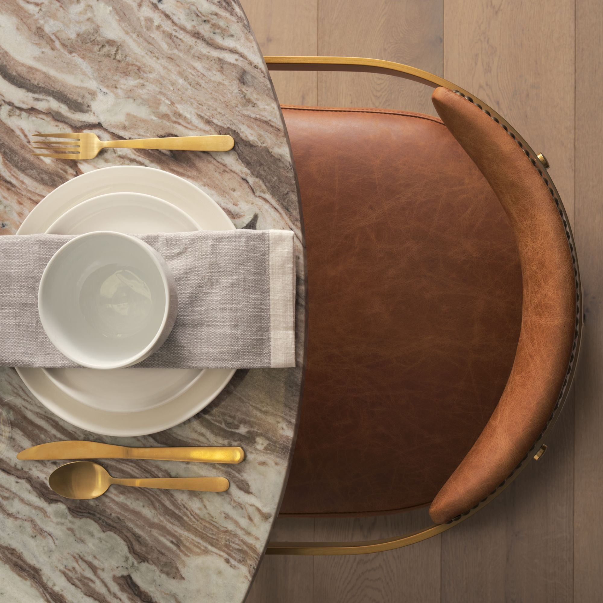 Pink marble top dining table from Mercana Allyson Collection featuring a 54-inch round design and modern wooden base.