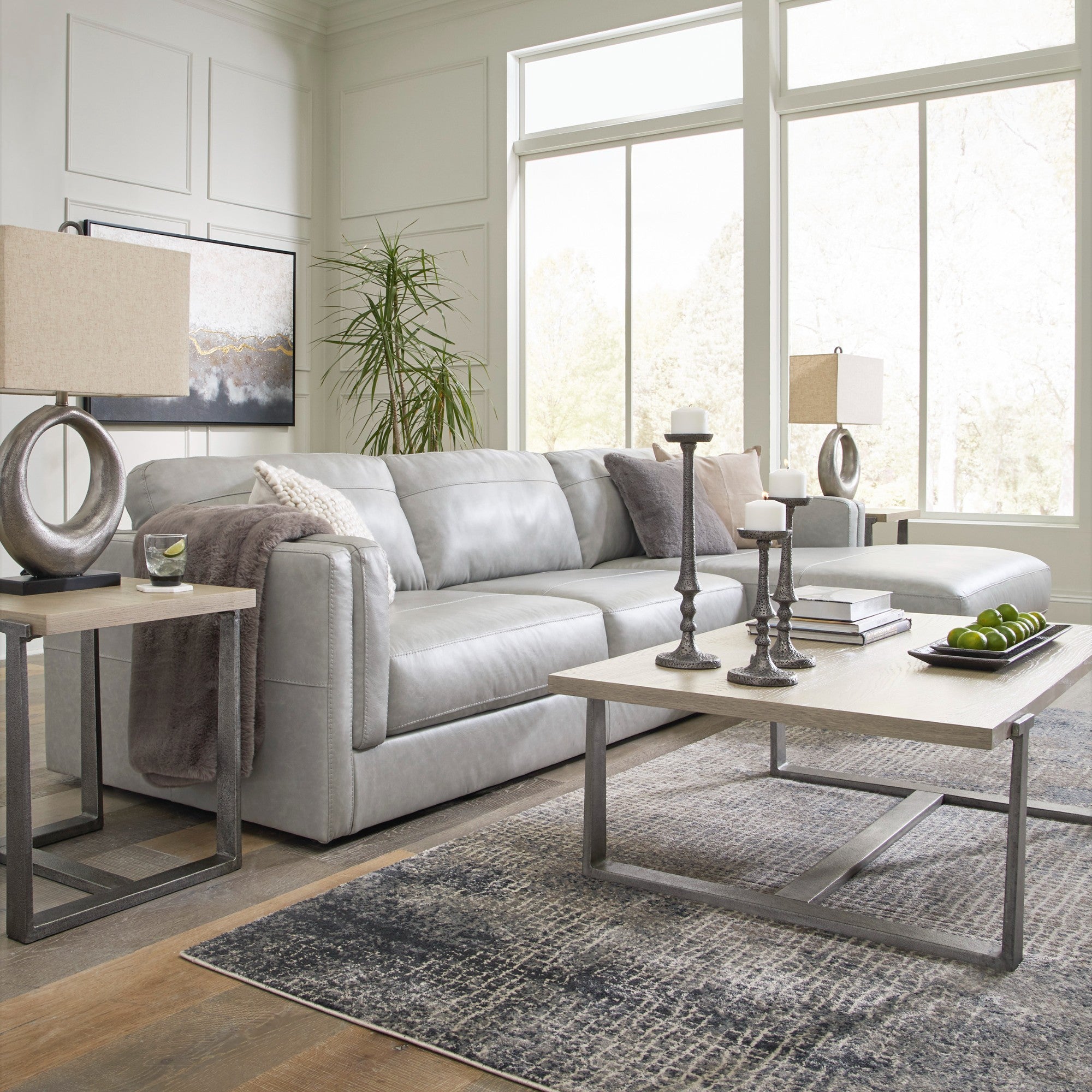 Amiata 2-Piece Leather Sectional with Chaise Light Grey