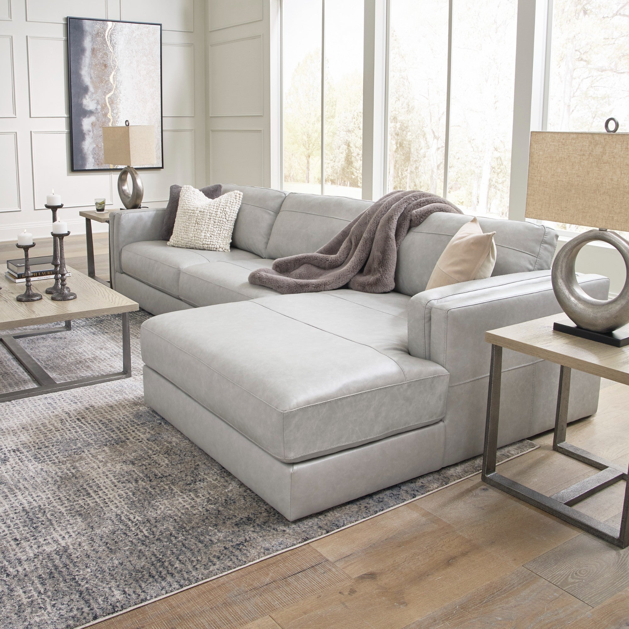 Amiata 2-Piece Leather Sectional with Chaise Light Grey