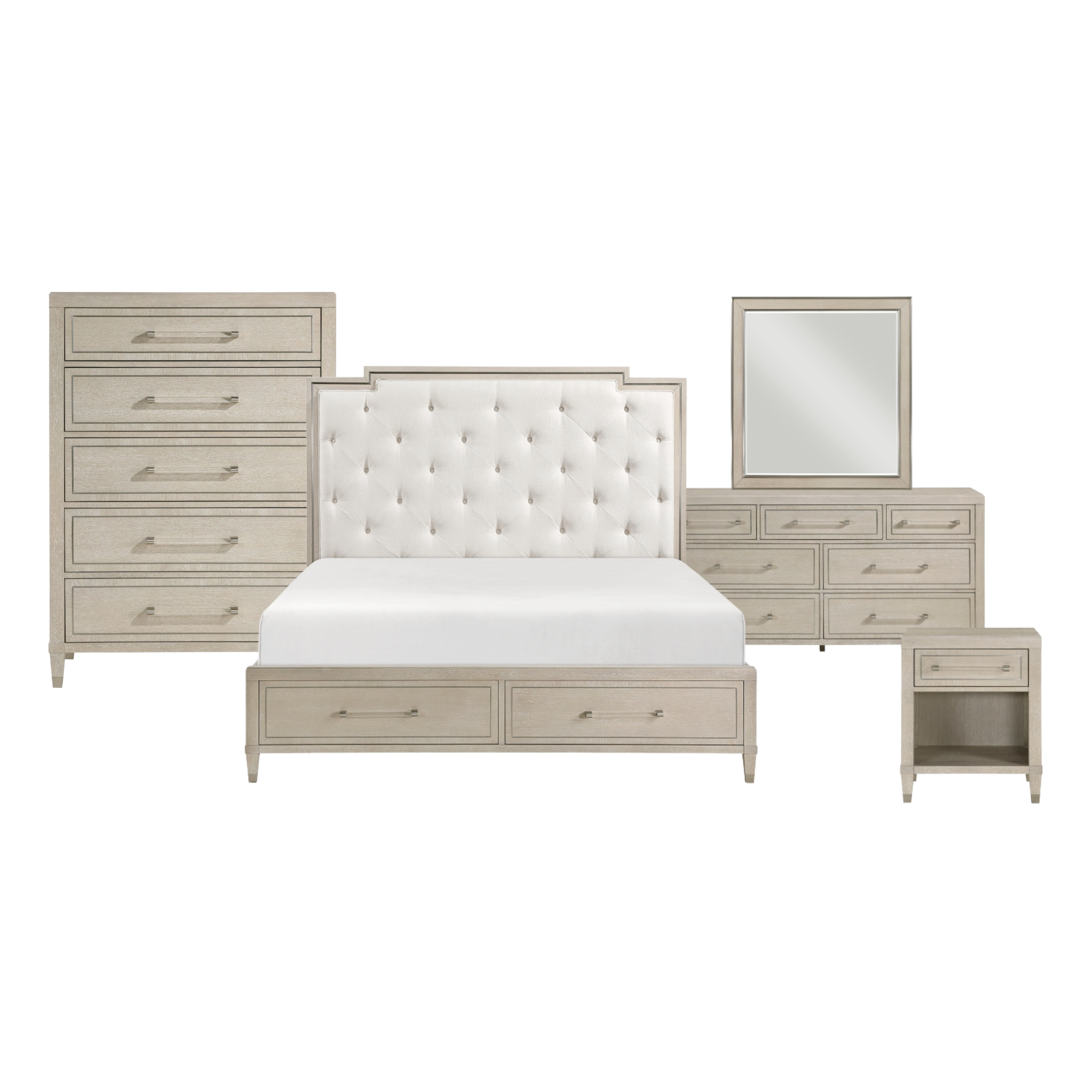 Genoa Ivory bedroom set by M.A.F with animal-themed coffee mugs featuring a Dalmatian and giraffe in gift boxes.