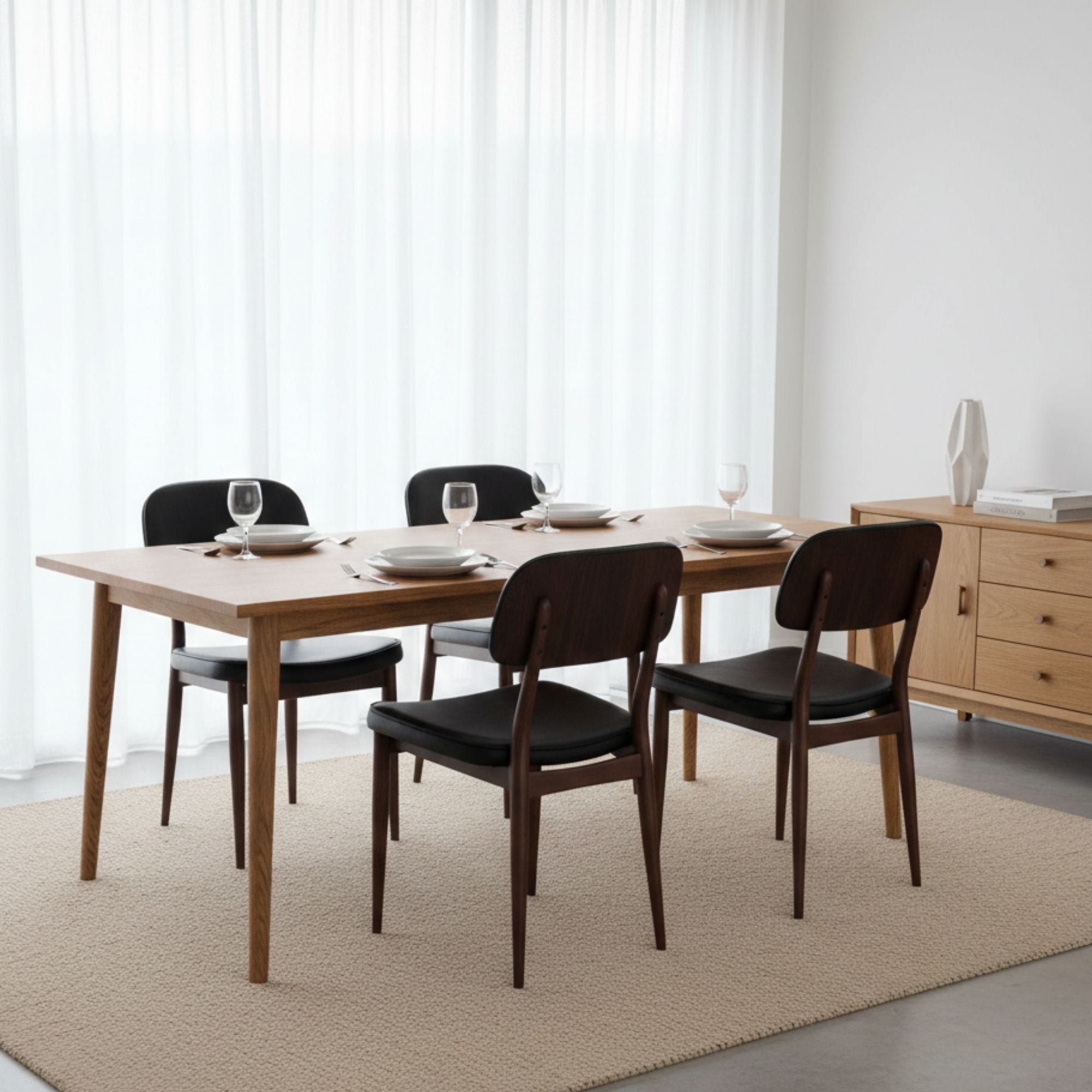 Black Anton dining chair from Elite Living with walnut legs, shown in a set, modern design, and comfortable seating.