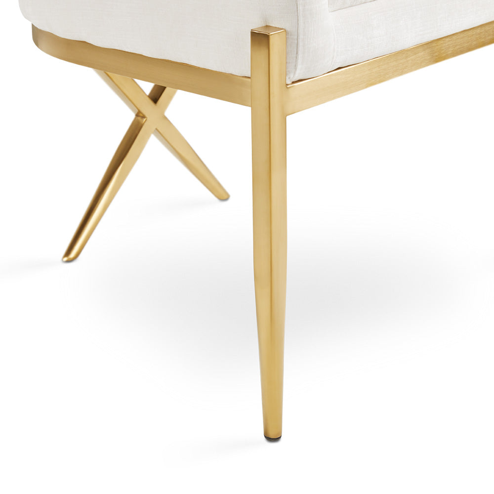 Xcella Anton brushed gold accent chair with ivory upholstery and wooden legs, stylish and modern for living room decor.