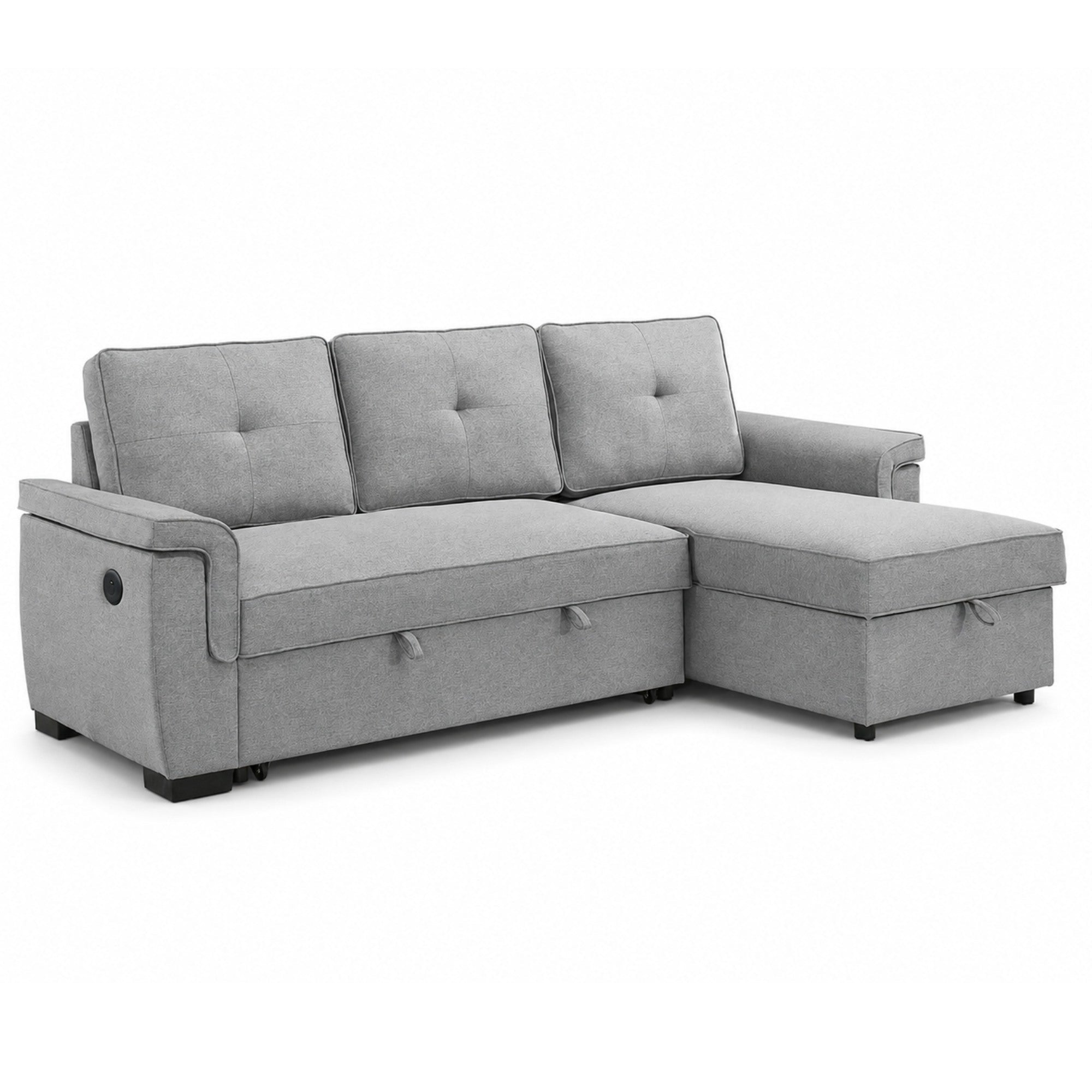 A light gray upholstered sectional sofa with a left-facing chaise ottoman and storage compartments underneath, shown on a plain white background.